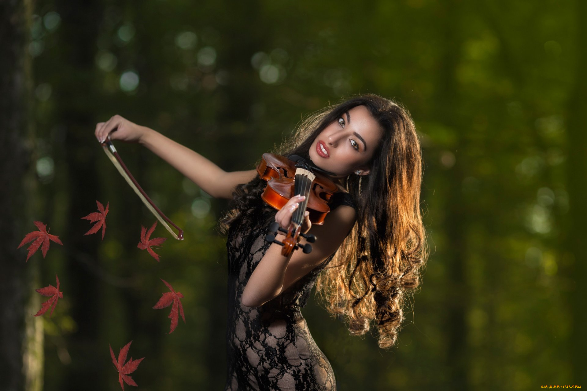музыка, -другое, скрипка, взгляд, девушка, листья