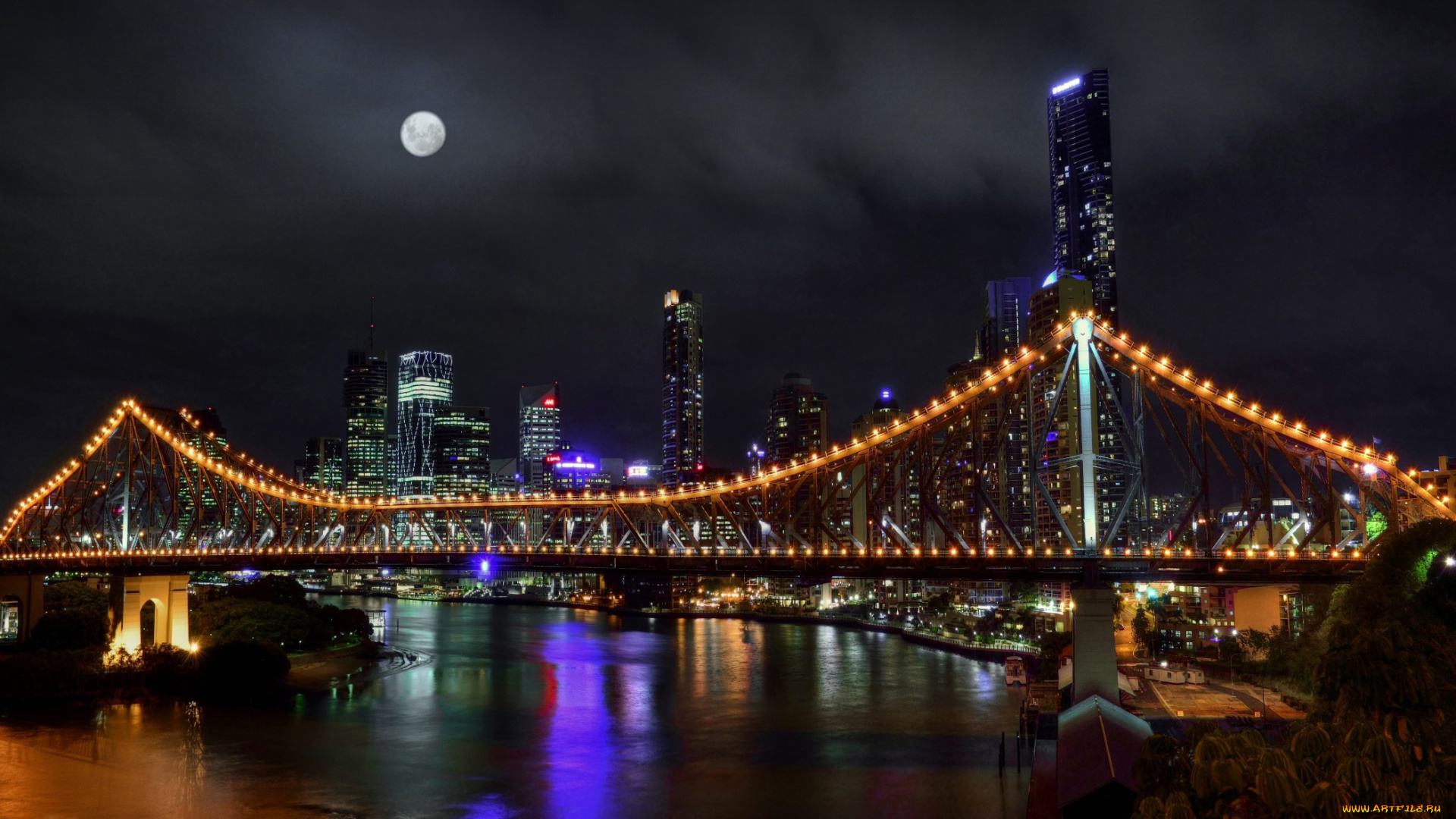 австралия, квинсленд, города, мосты, ночь, луна, город, река, мост, огни