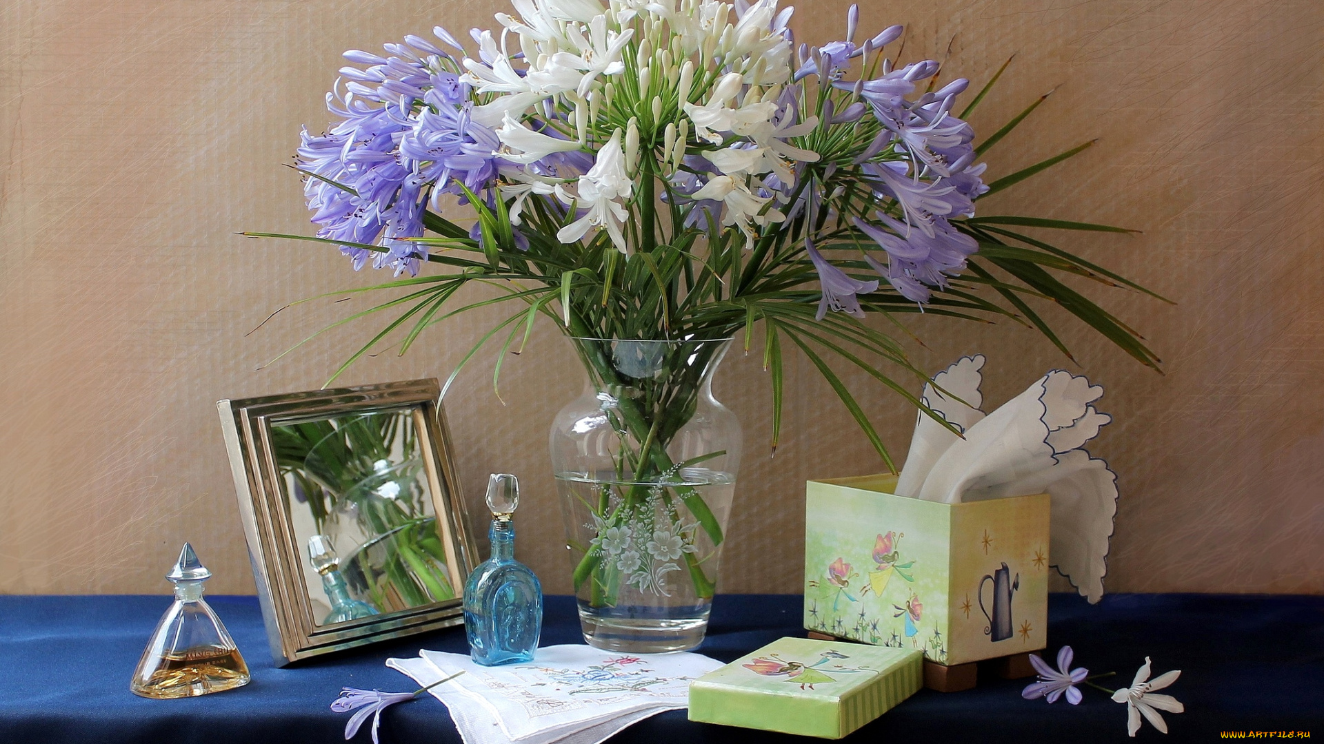 цветы, агапантус, африканская, лилия, букет, натюрморт, бутылочки