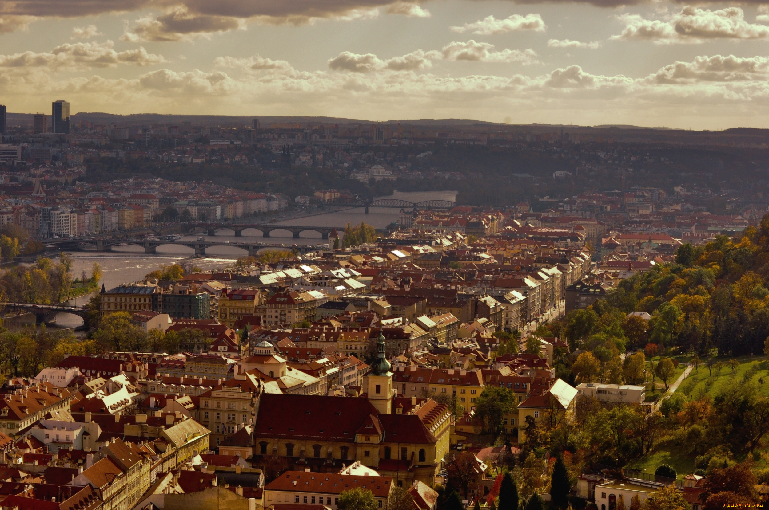 города, прага, Чехия, мосты, река, крыши, панорама