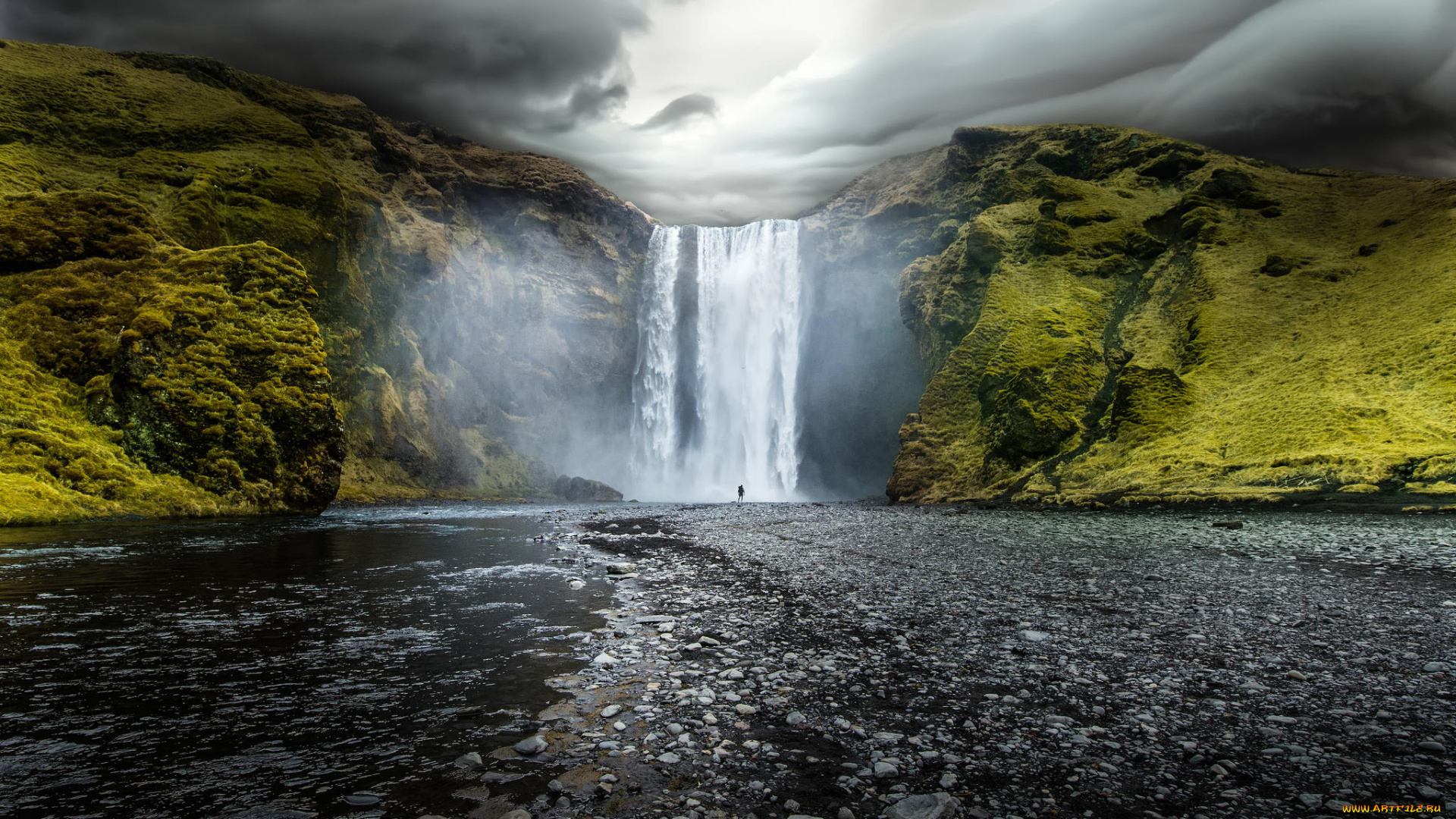 природа, водопады, облака, вода, скалы, река, скогафосс, водопад, iceland, skogafoss, исландия