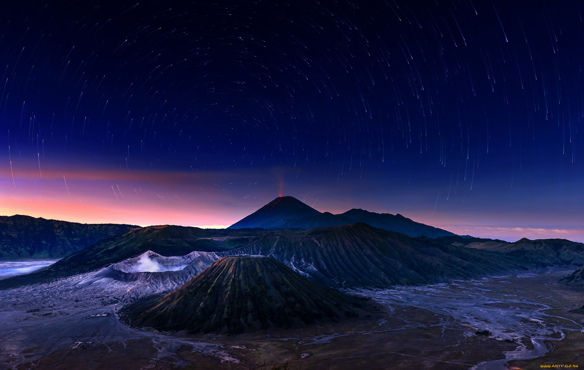 природа, горы, индонезия, Ява, небо, звезды, ночь, вулкан, bromo-tengger-semeru, national, park, indonesia, бромо