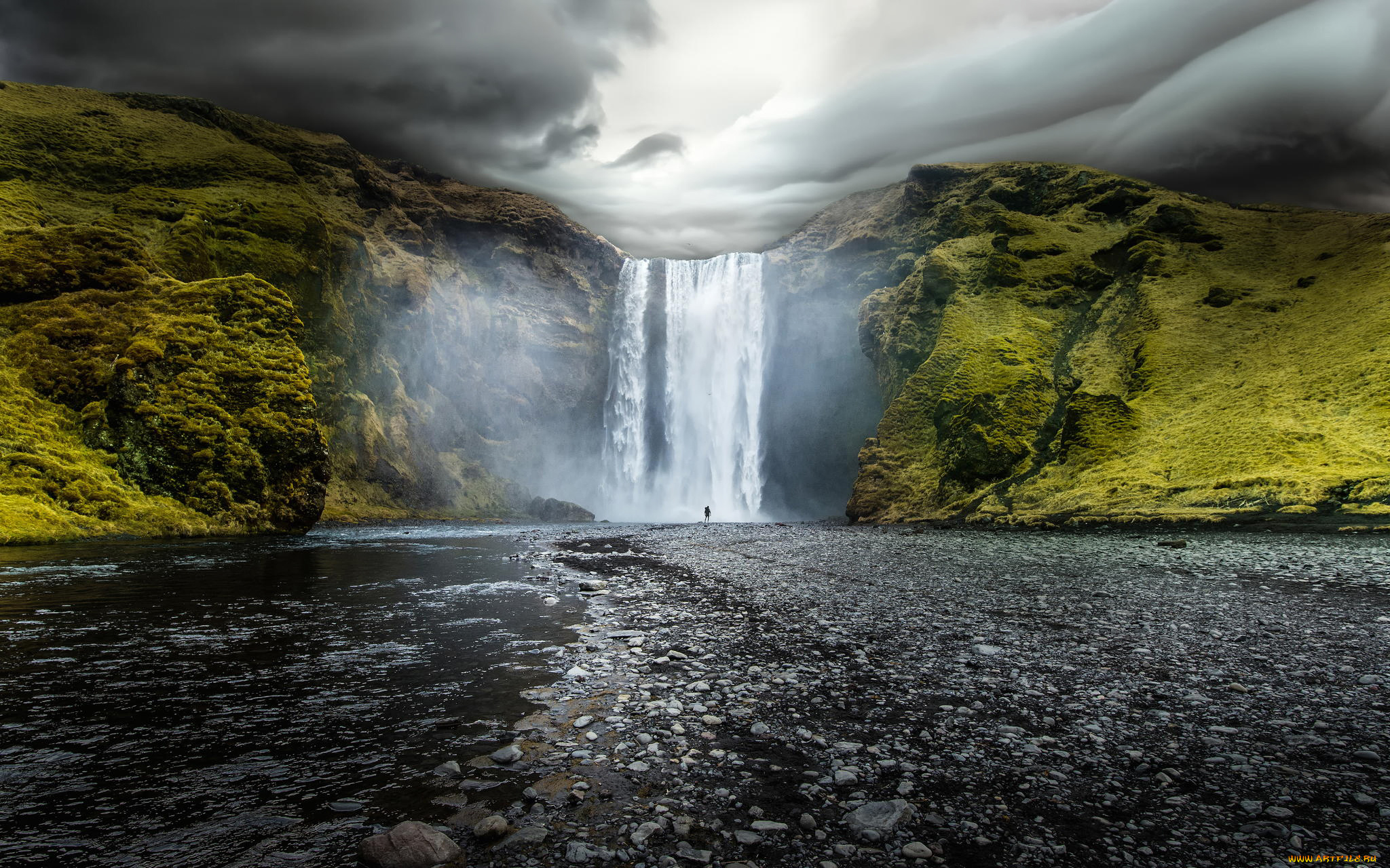природа, водопады, облака, вода, скалы, река, скогафосс, водопад, iceland, skogafoss, исландия