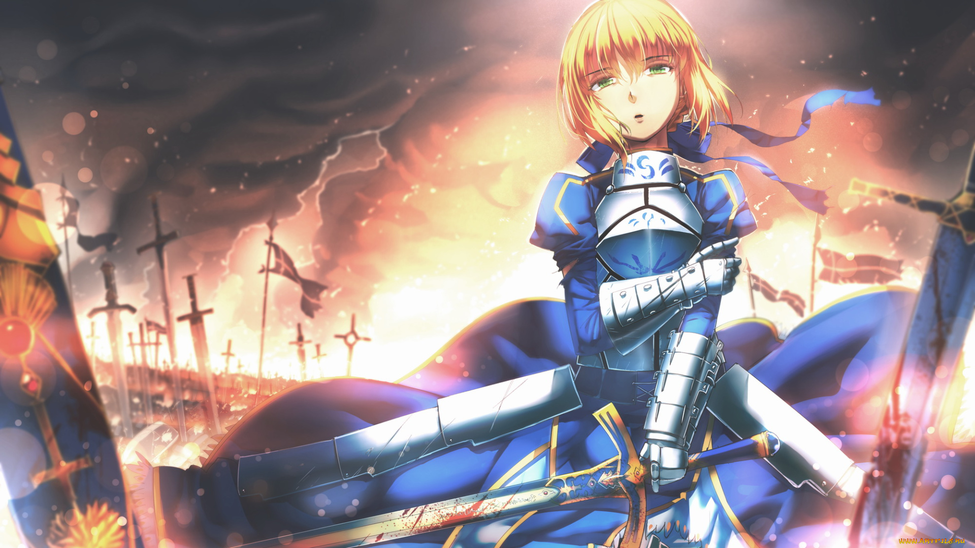 аниме, fate, stay, night, девушка, stay, night, сабер, saber, aoki, miharuu, меч, кровь, закат, арт