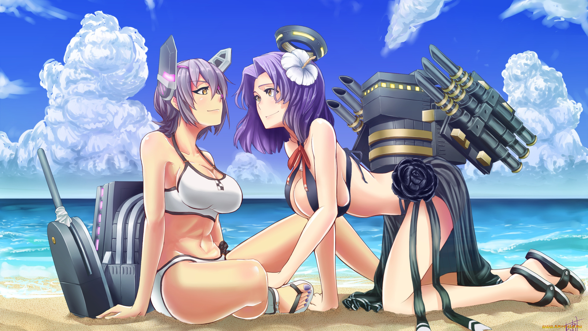 аниме, kantai, collection, девушки, облака, небо, арт, shao, newton, tenryuu, kancolle, море, песок, пляж, лето, tatsuta, kantai, collection