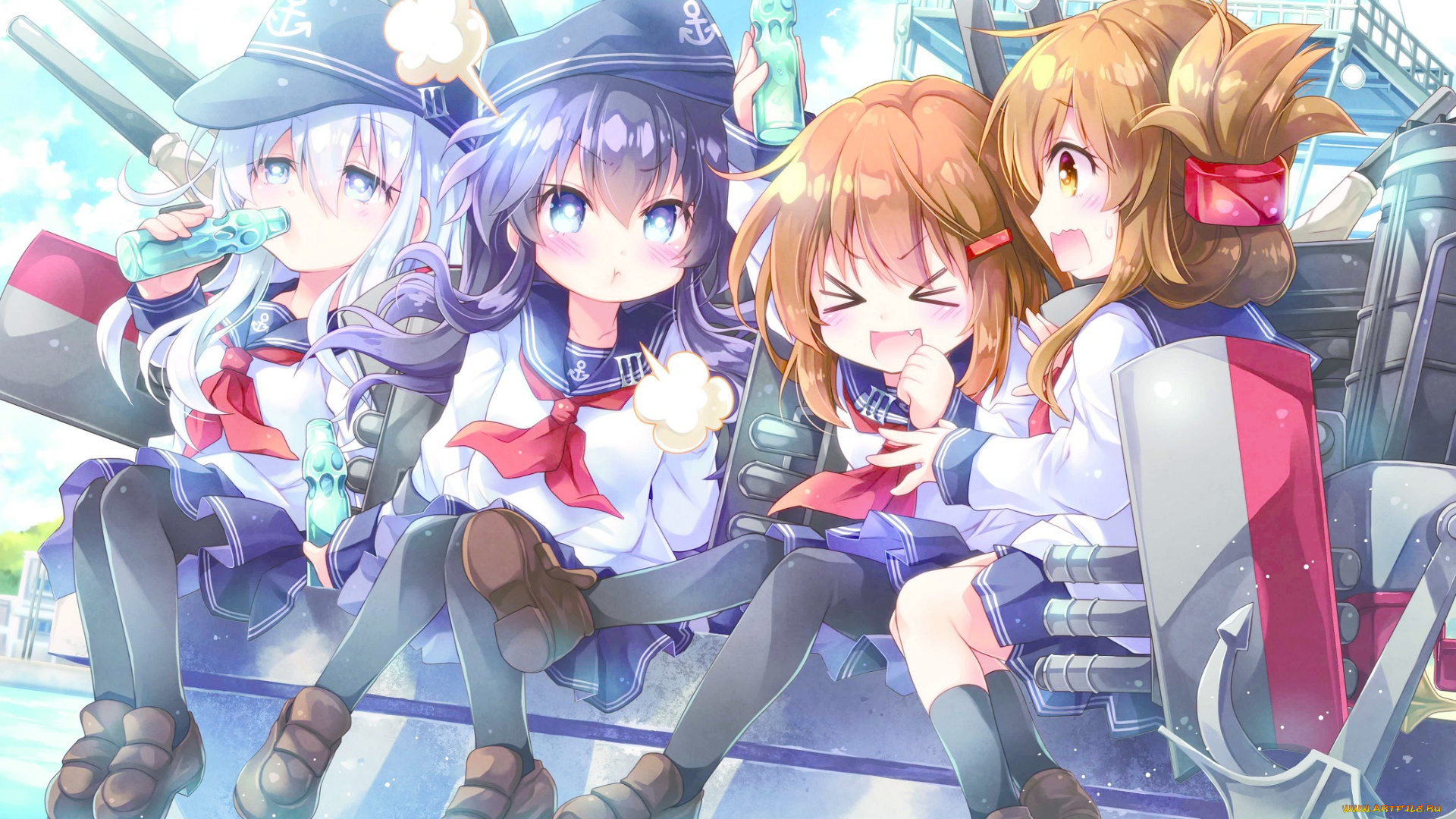 аниме, kantai, collection, kantai, collection, akatsuki, kancolle, девочки, бутылки, вода, hibiki, ikazuchi, inazuma, ayuya, naka, no, hito, арт