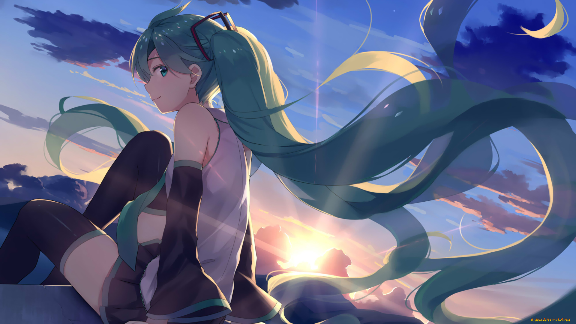 аниме, vocaloid, hatsune, miku, alexmaster, арт, девушка, небо, закат, волосы