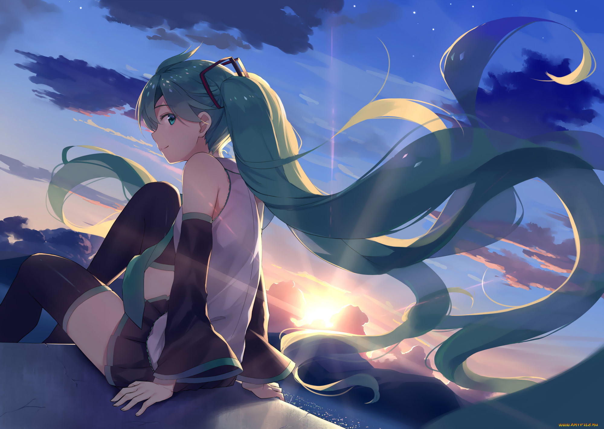 аниме, vocaloid, hatsune, miku, alexmaster, арт, девушка, небо, закат, волосы