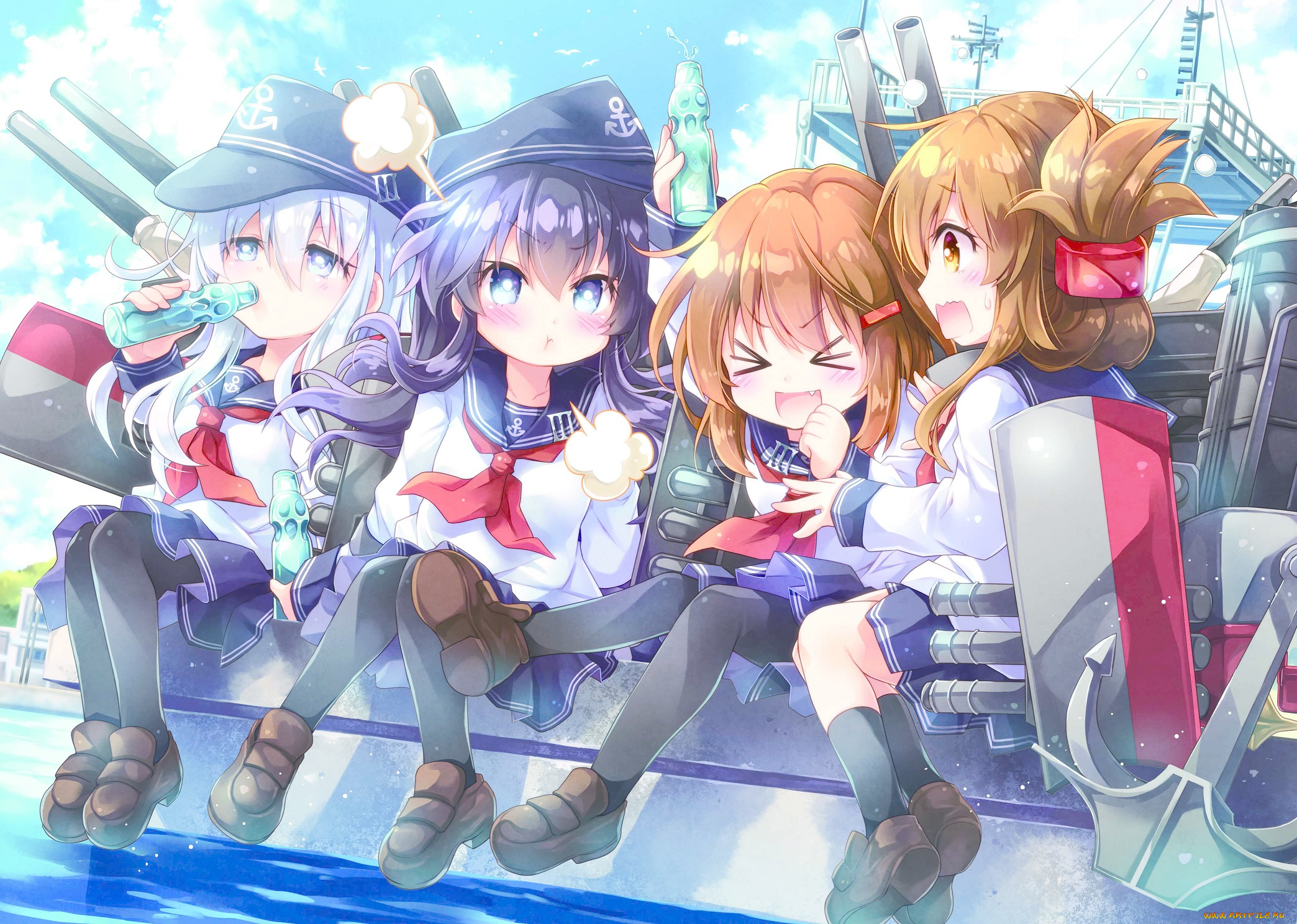 аниме, kantai, collection, kantai, collection, akatsuki, kancolle, девочки, бутылки, вода, hibiki, ikazuchi, inazuma, ayuya, naka, no, hito, арт