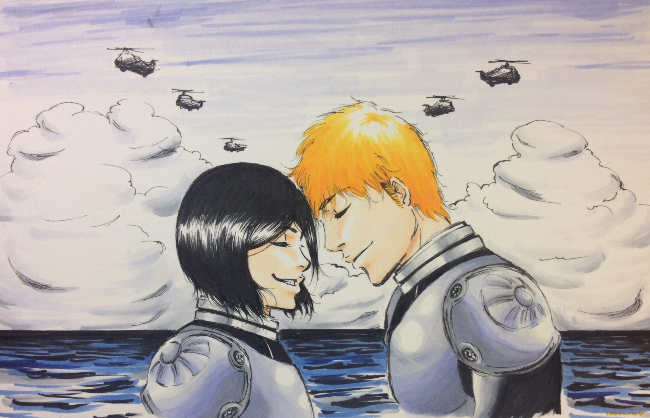 разное, арты, девушка, pacific, rim, вертолеты, парень, rukia, kuchiki, shinigami, ichigo, kurosaki, bleach, crossover