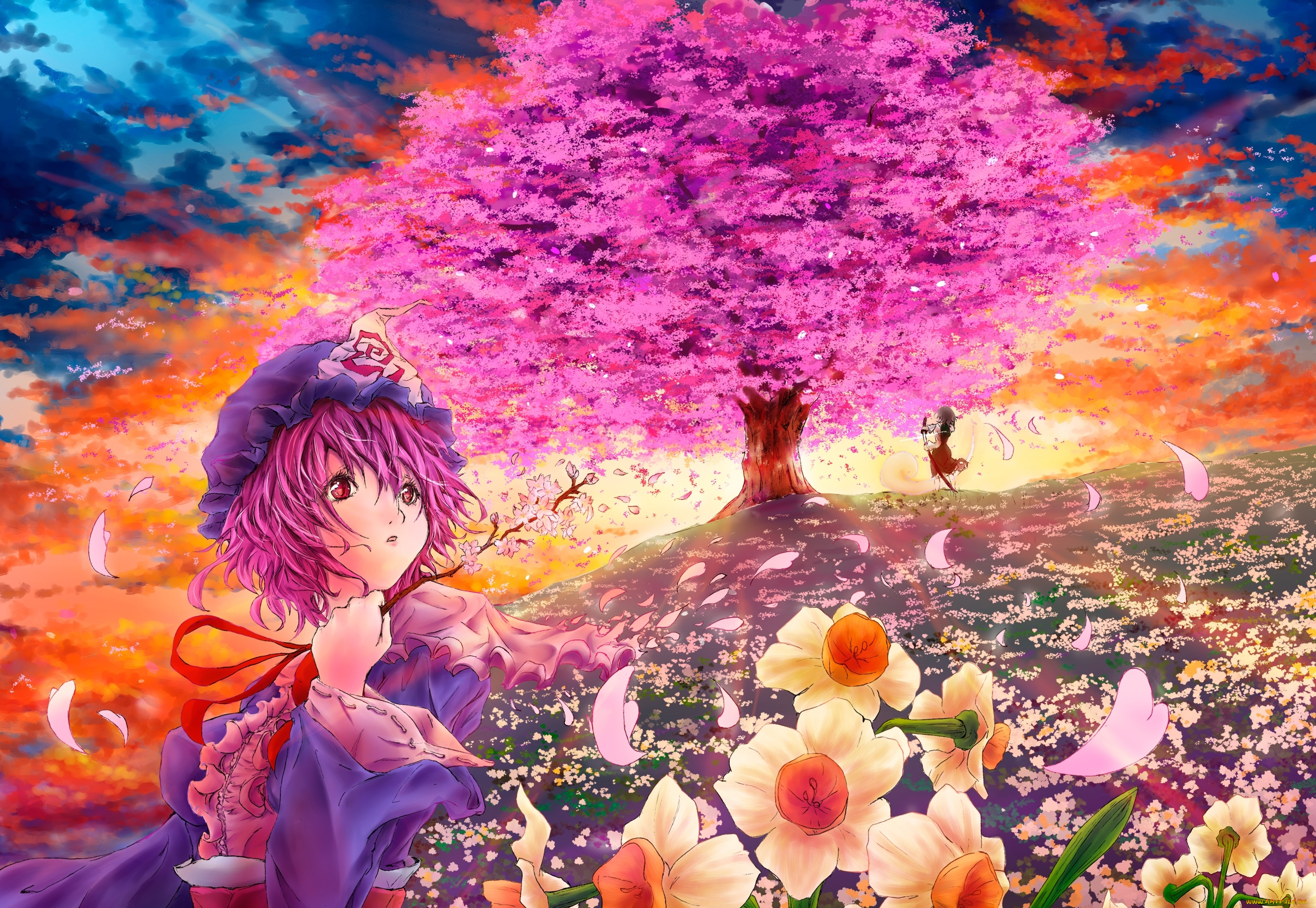 аниме, touhou, дерево, девушки, лепестки, сакура, hakurei, reimu, saigyouji, yuyuko, onokoro401, арт, облака, небо, цветы