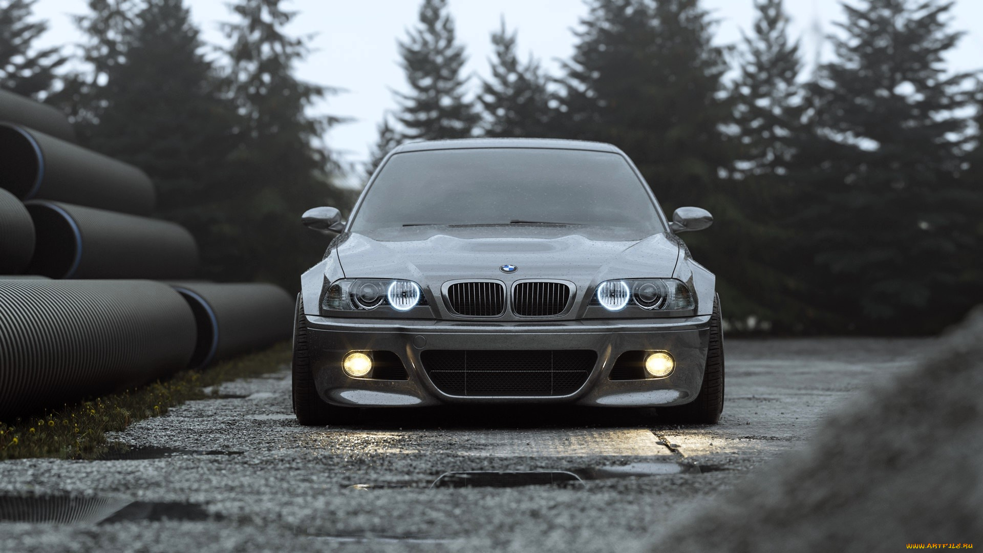 bmw, m3, e46, автомобили, bmw, серый, трубы, ели