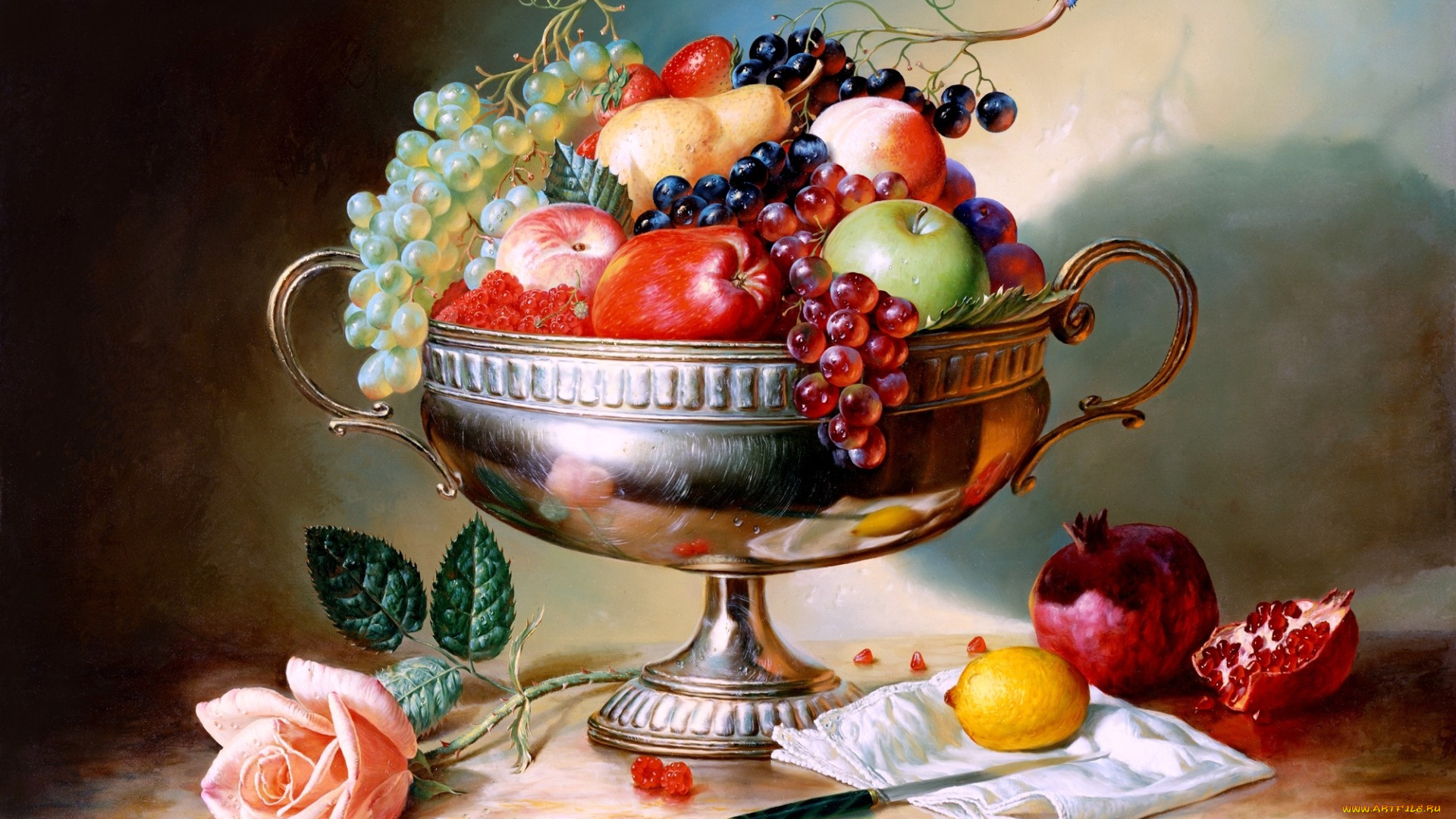 алексей, антонов, рисованные, гранат, виноград, груша, клубника, ваза, лимон, бабочка, яблоки, роза, малина, нож