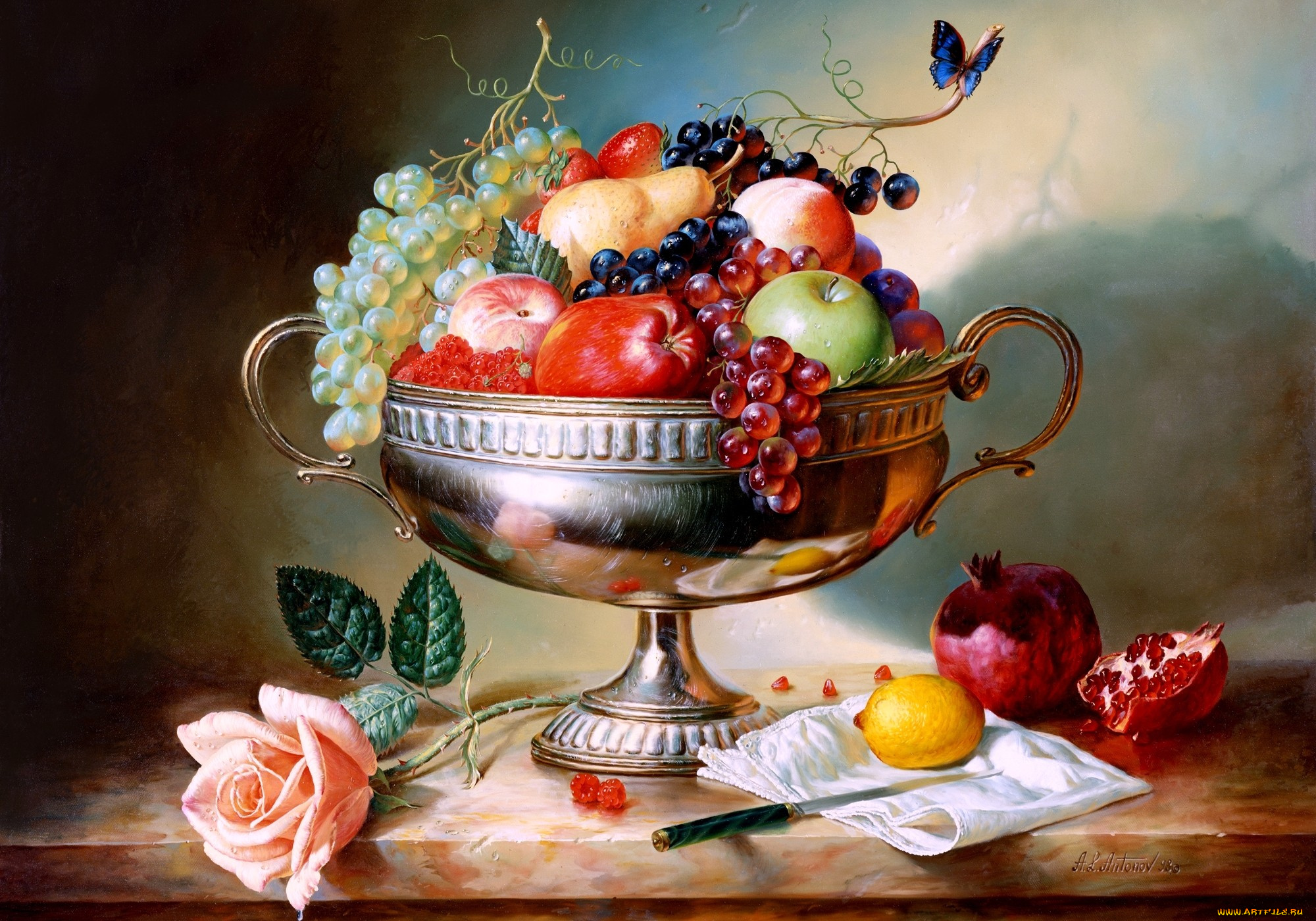 алексей, антонов, рисованные, гранат, виноград, груша, клубника, ваза, лимон, бабочка, яблоки, роза, малина, нож