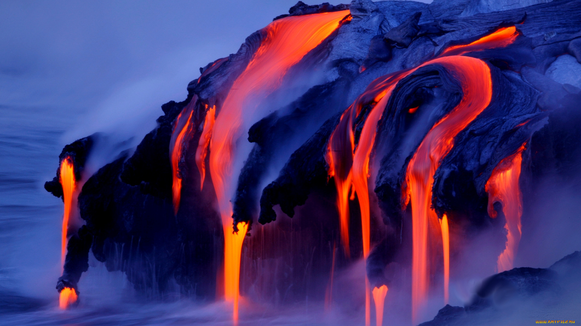 lava, flow, природа, стихия, извержение, лава, обрыв, вулкан, море