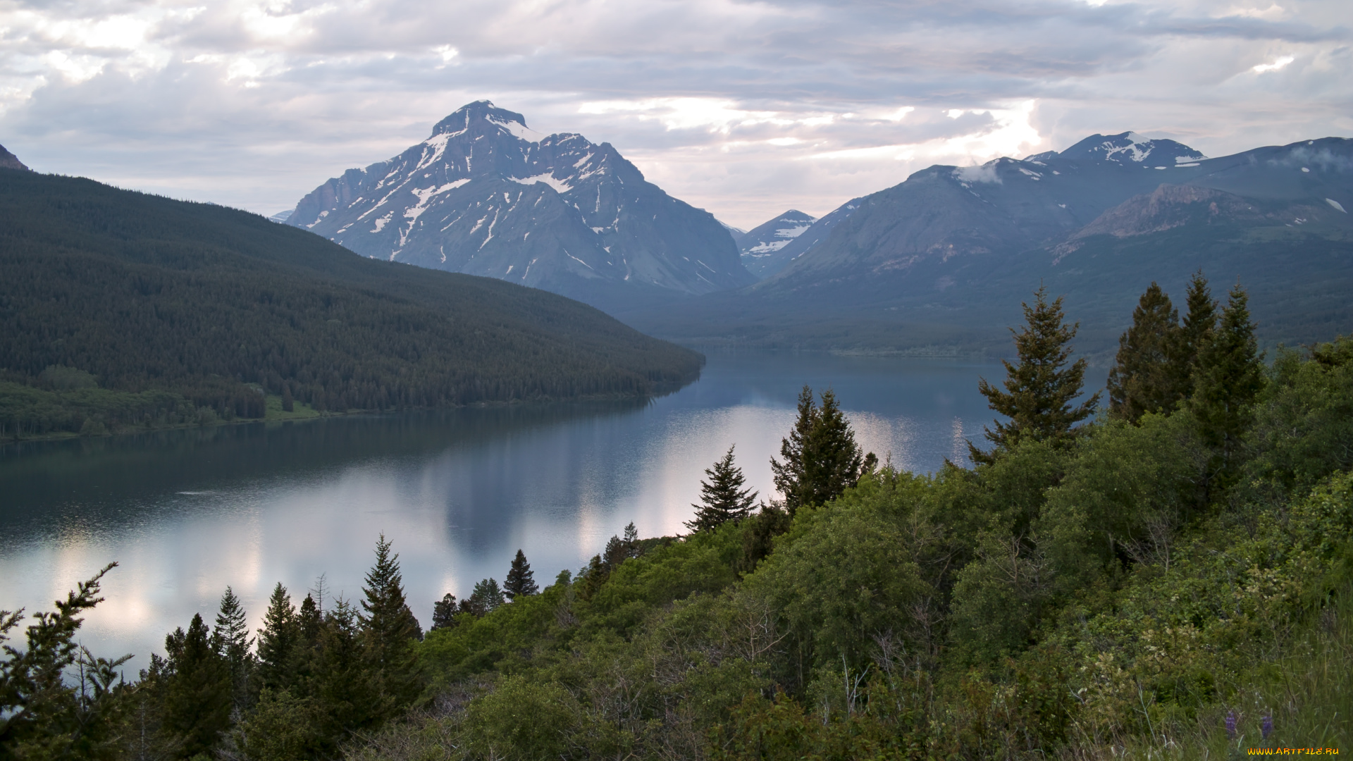 two, medicine, lake, природа, реки, озера, glacier, national, park, озеро, горы, пейзаж