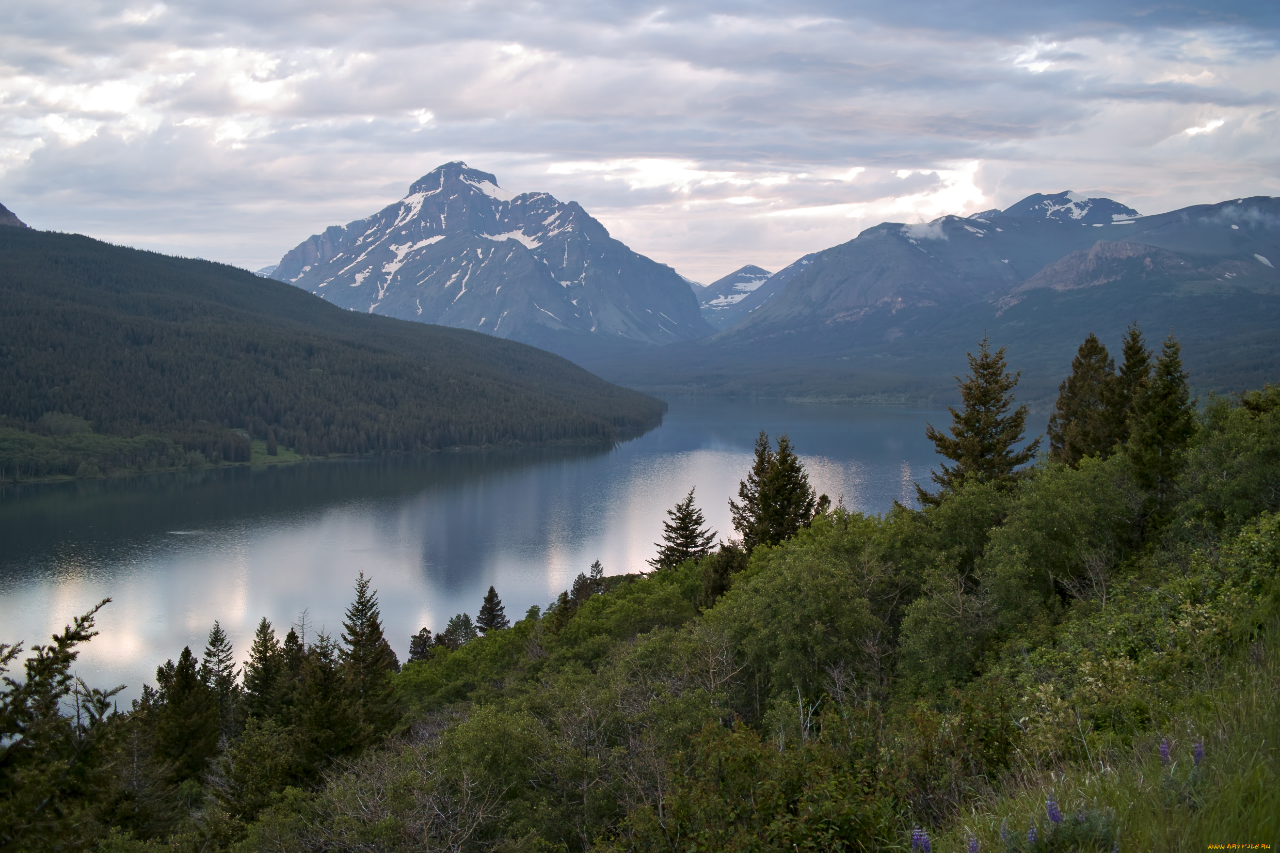 two, medicine, lake, природа, реки, озера, glacier, national, park, озеро, горы, пейзаж