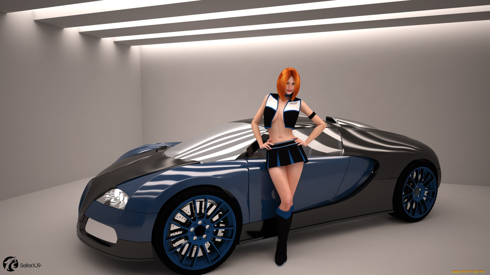 автомобили, 3d, car&girl, фон, автомобиль, взгляд, девушка