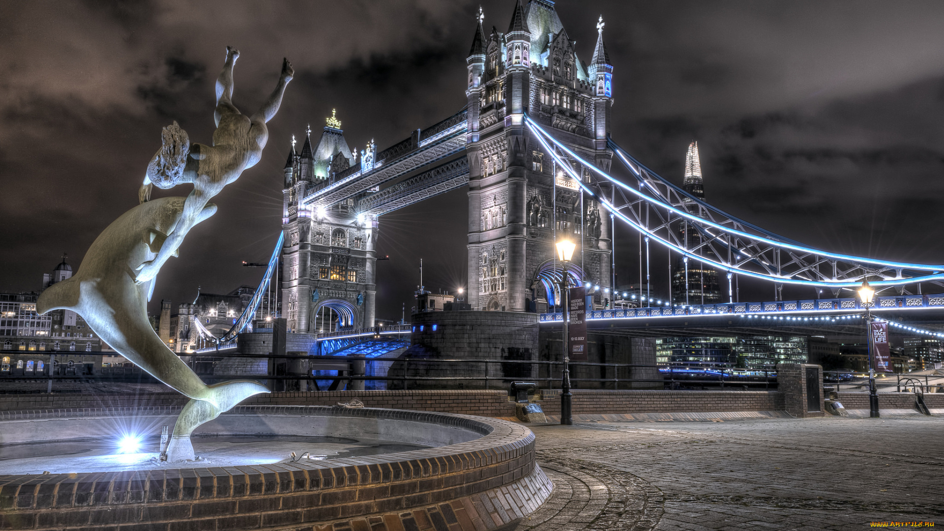 tower, bridge, города, лондон, , великобритания, ночь, мост, река
