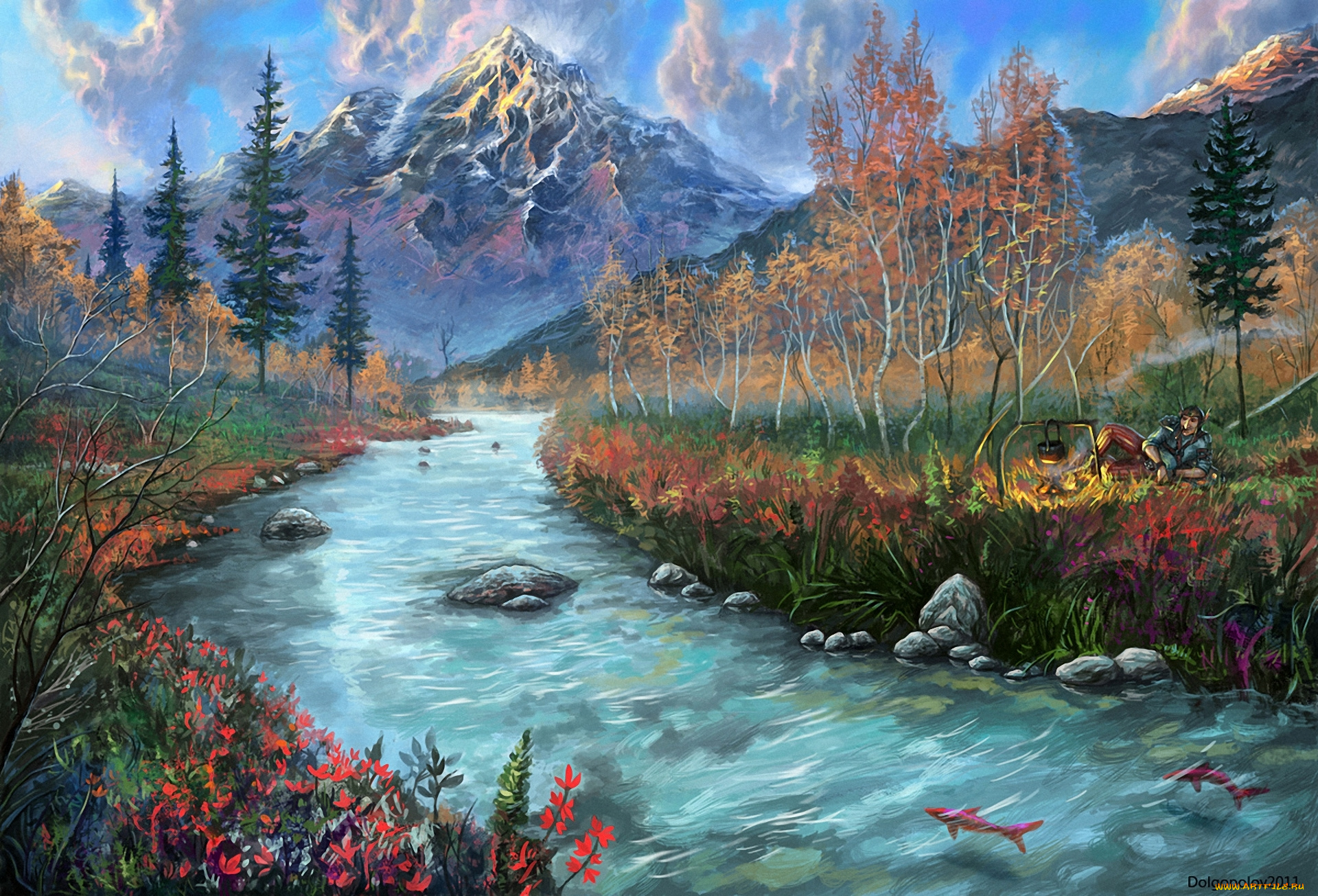 рисованные, живопись, пейзаж, костёр, рыбы, человек, камни, горы, река