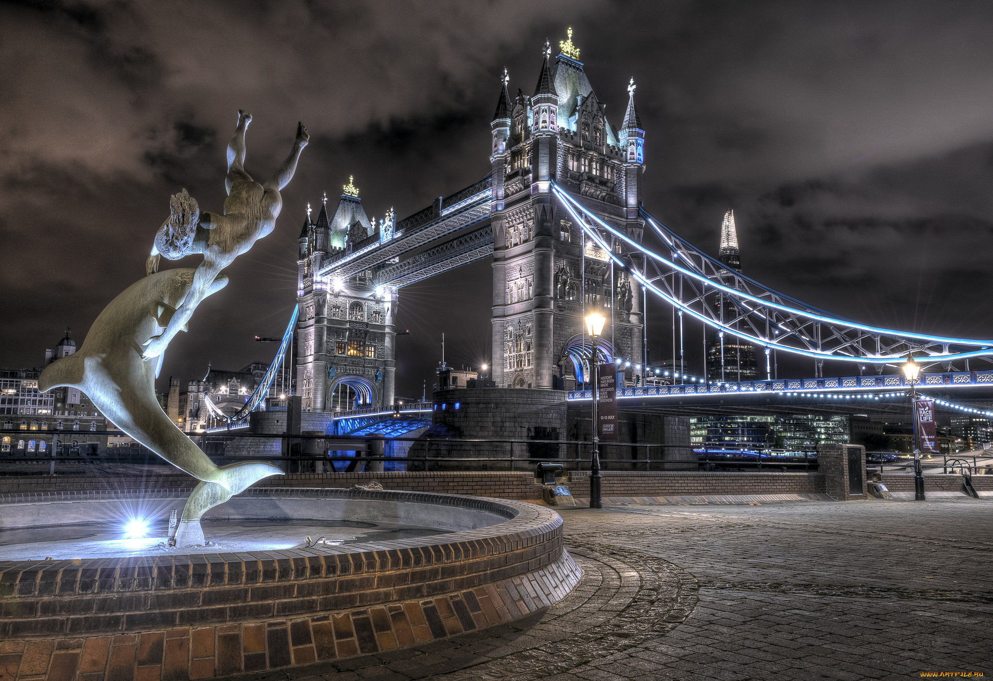 tower, bridge, города, лондон, , великобритания, ночь, мост, река