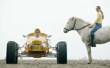 Картинка автомобили rinspeed всадница концепт девушки желтый лошадь