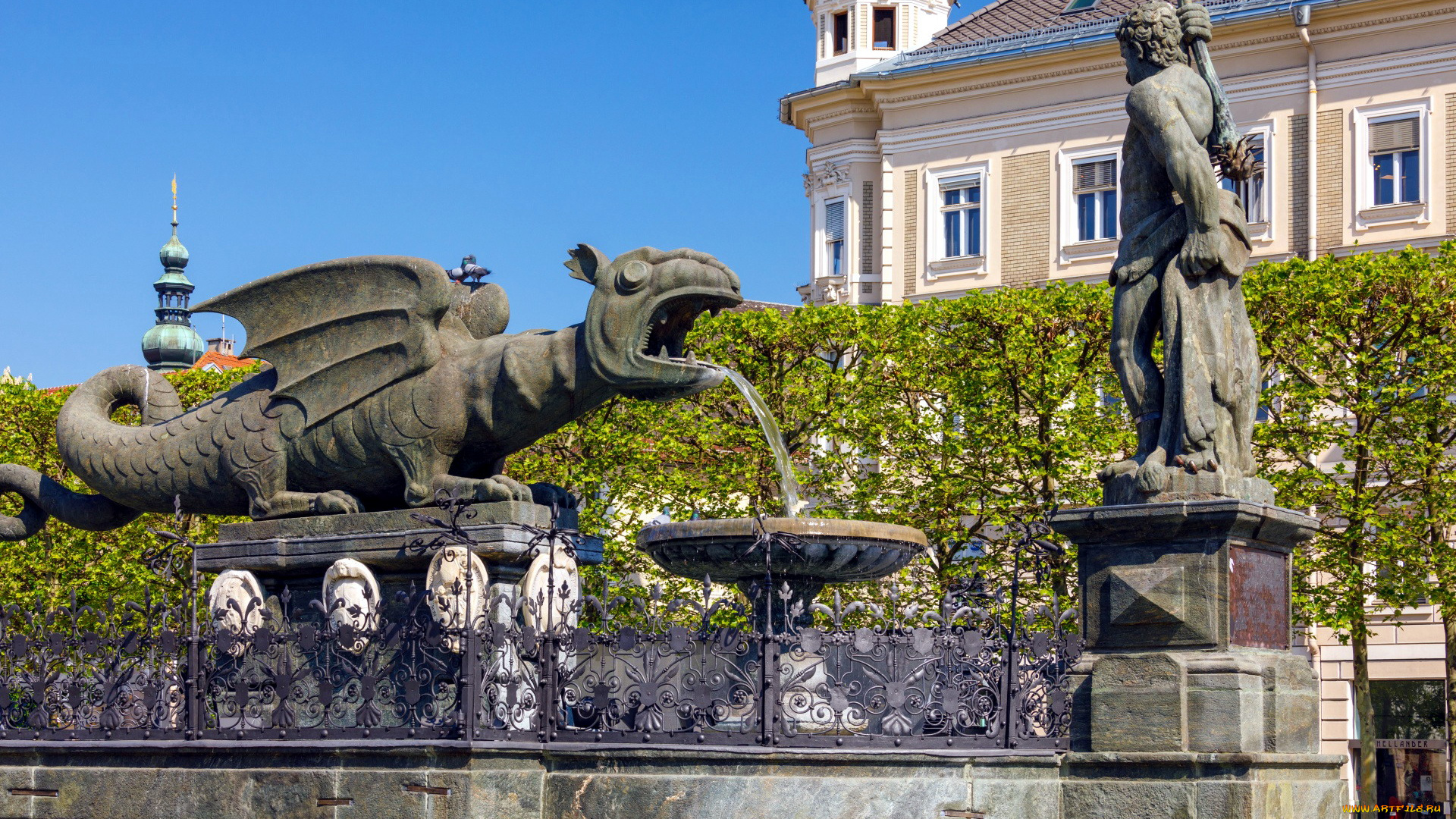 lindwurm, fountain, klagenfurt, austria, 1, города, -, фонтаны, lindwurm, fountain, austria