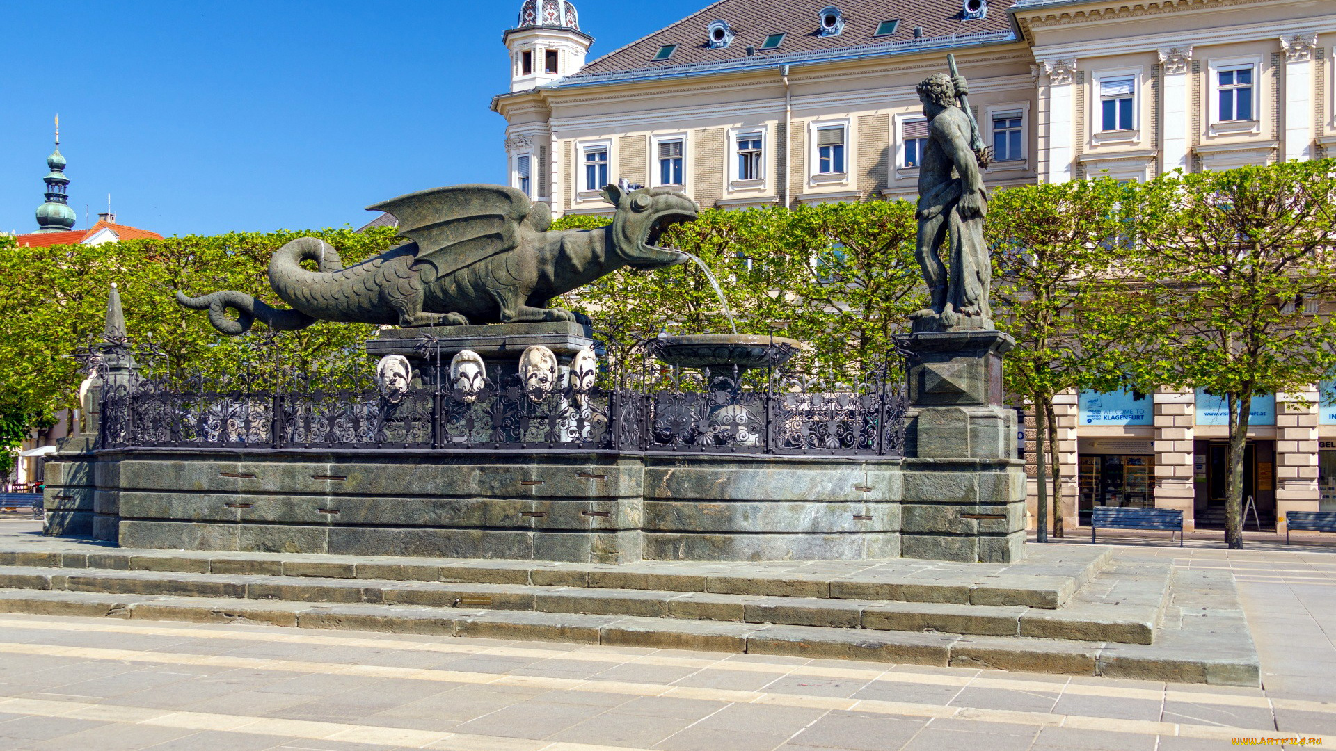 lindwurm, fountain, klagenfurt, austria, города, -, фонтаны, lindwurm, fountain