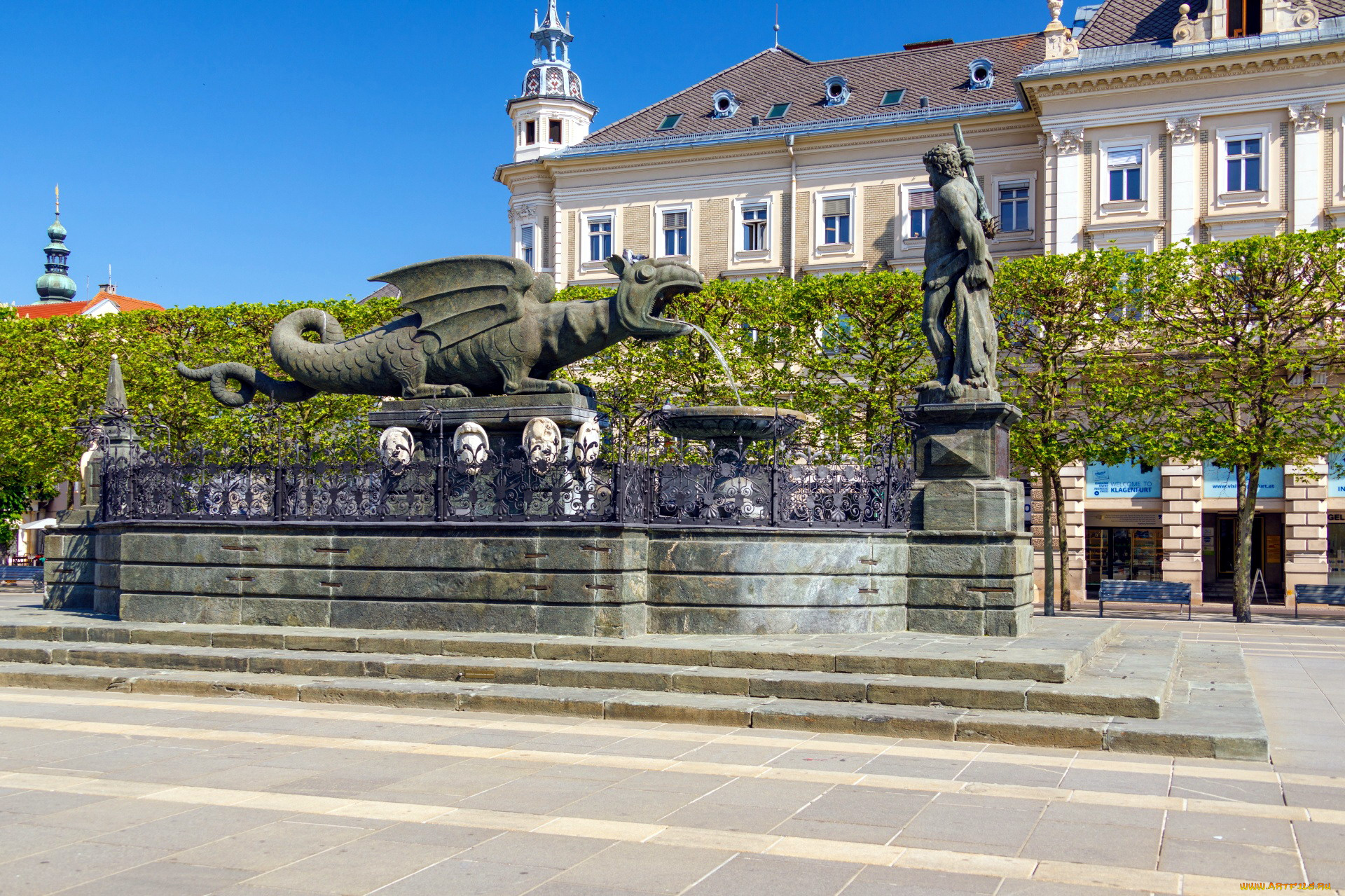 lindwurm, fountain, klagenfurt, austria, города, -, фонтаны, lindwurm, fountain