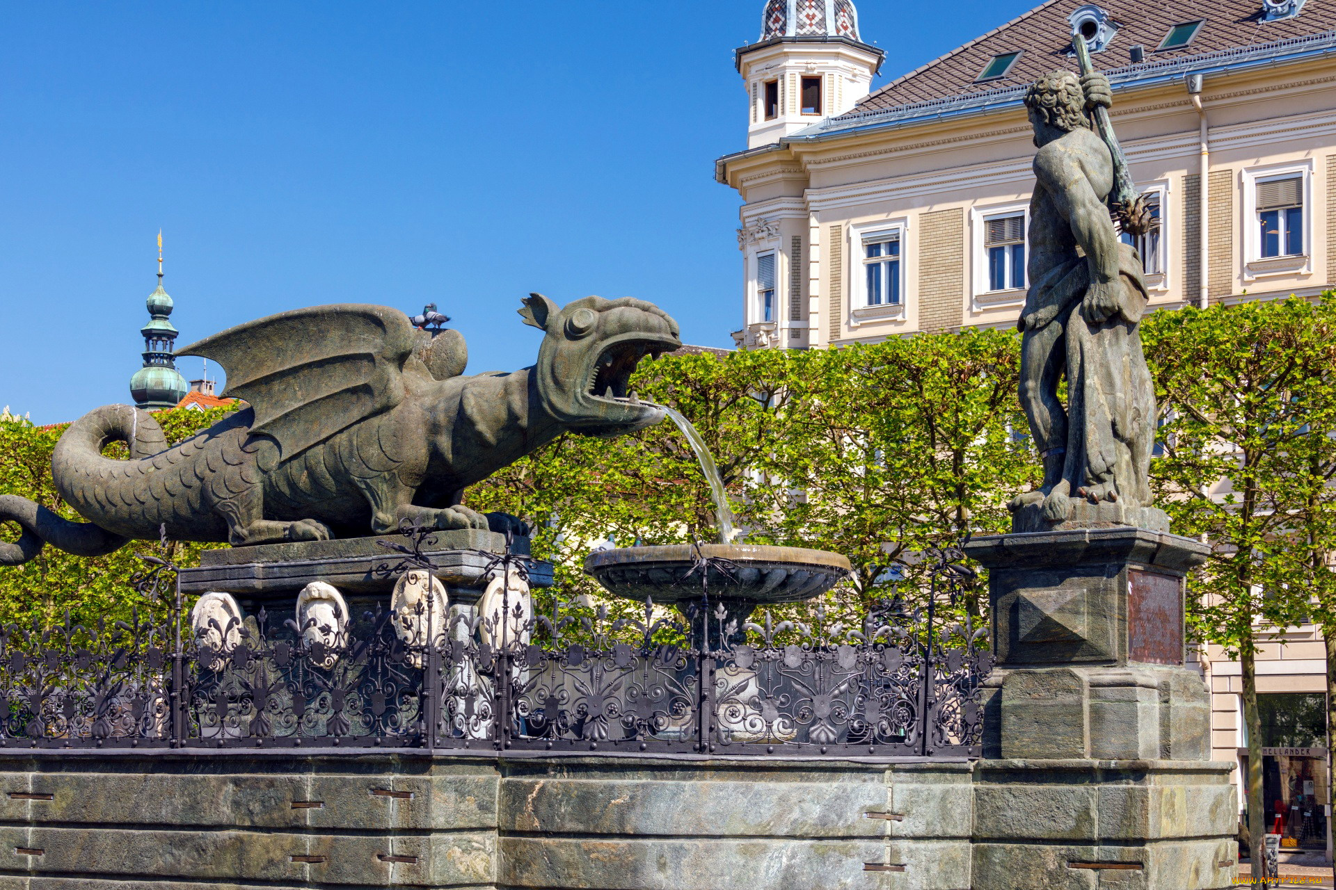 lindwurm, fountain, klagenfurt, austria, 1, города, -, фонтаны, lindwurm, fountain, austria