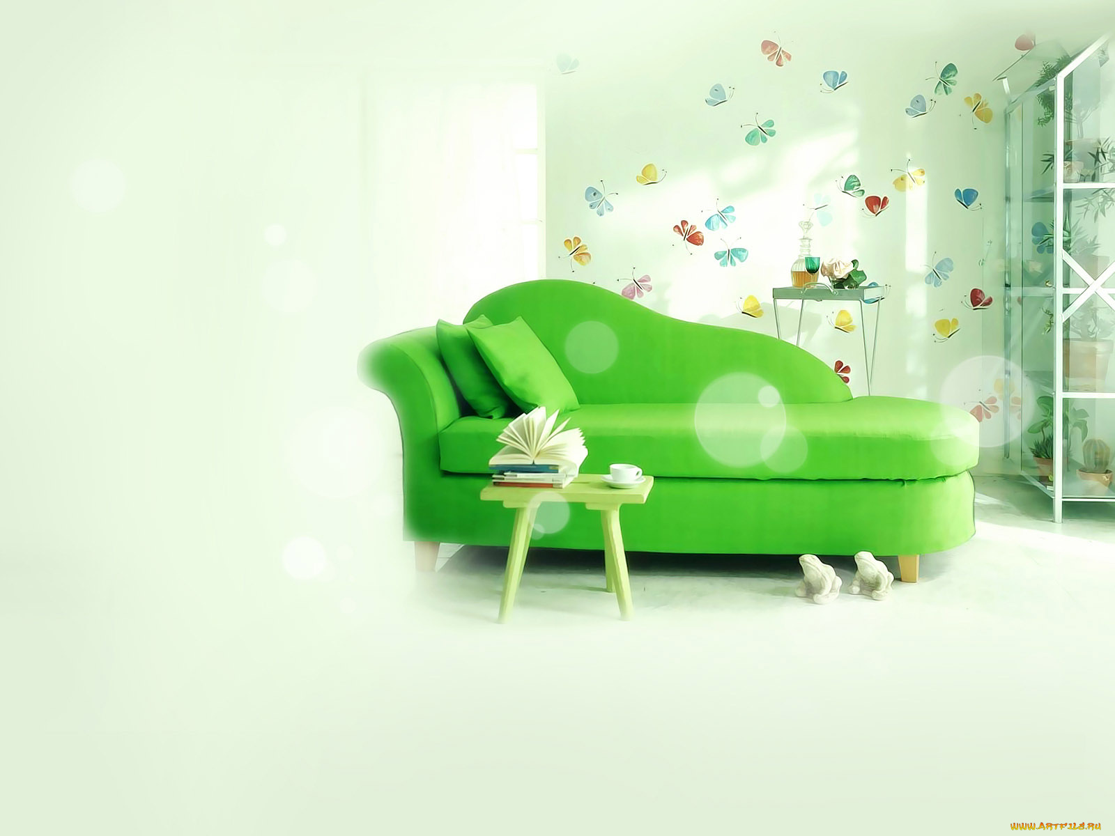 3д, графика, realism, реализм, диван, бабочки, чашка, книги, стул