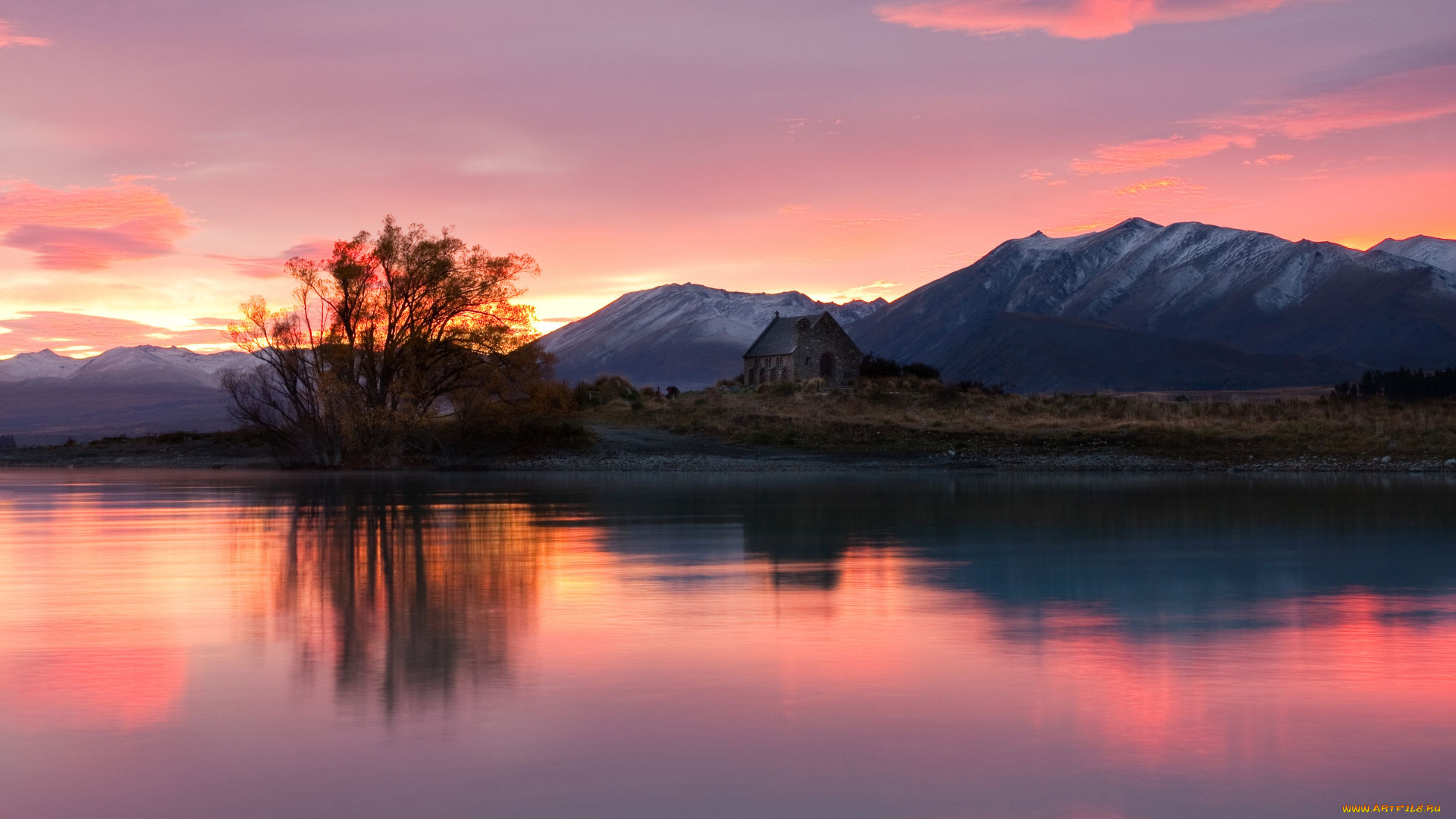 lake, tekapo, new, zealand, природа, реки, озера, пейзаж, дерево, новая, зеландия, озеро, закат, горы, церковь