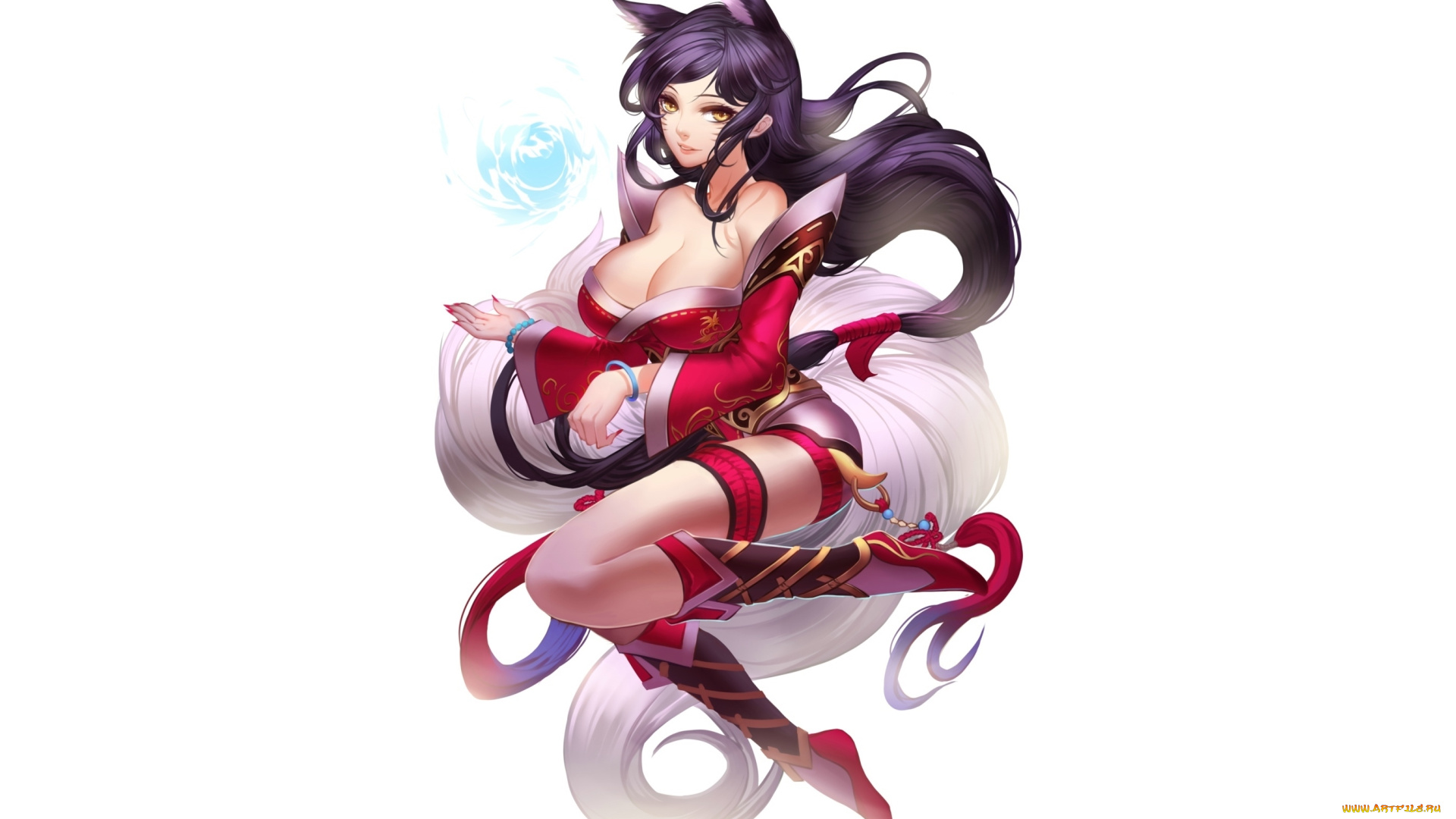 league, of, legends, фэнтези, существа, фон, декольте, ahri, взгляд, хвосты, девушка, магия, жест, league, of, legends, улыбка, art, ушки, лисица, ???