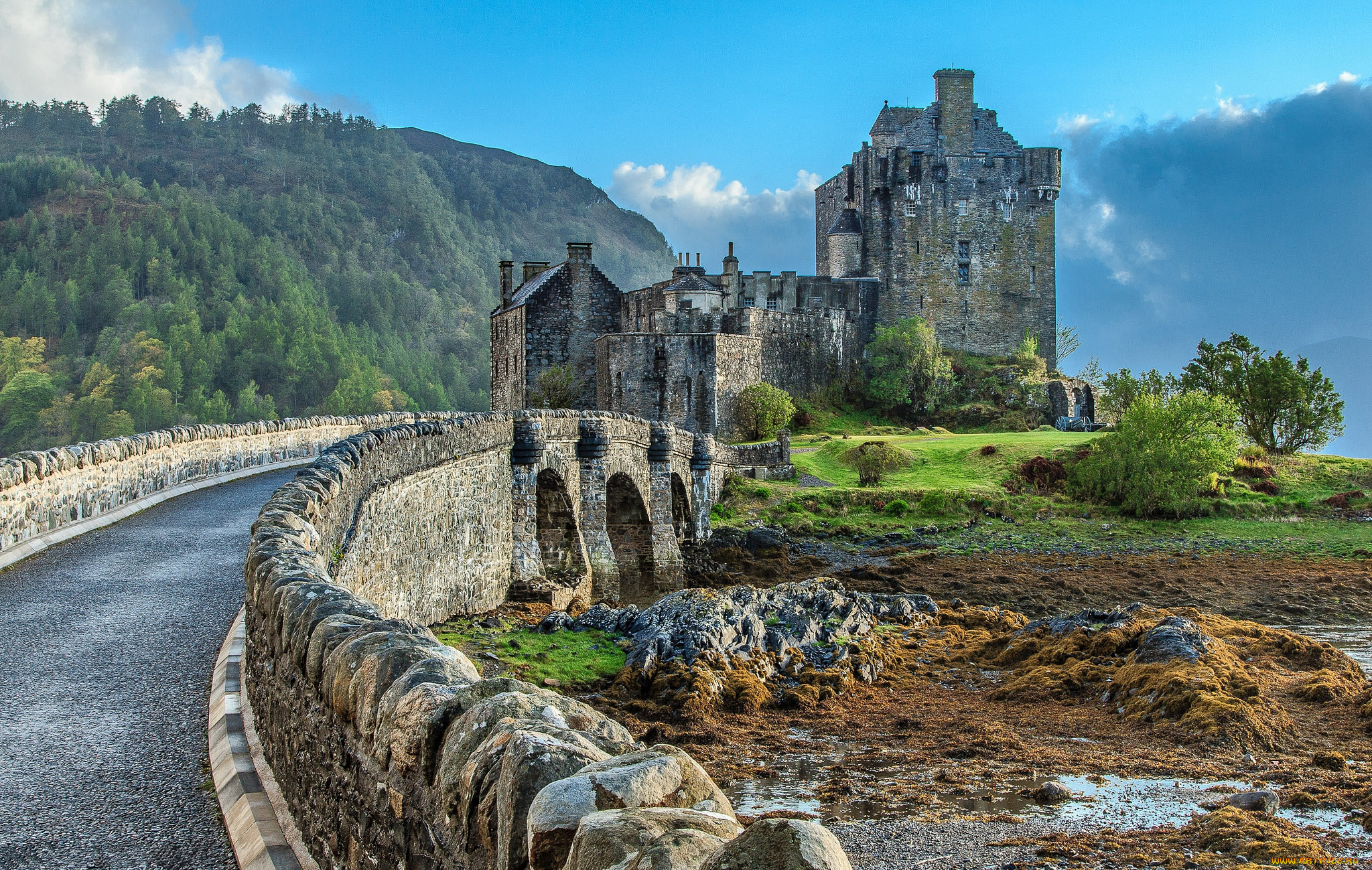 eilean, donan, castle, города, замок, эйлен-донан, , шотландия, замок, дорога, лес, горы