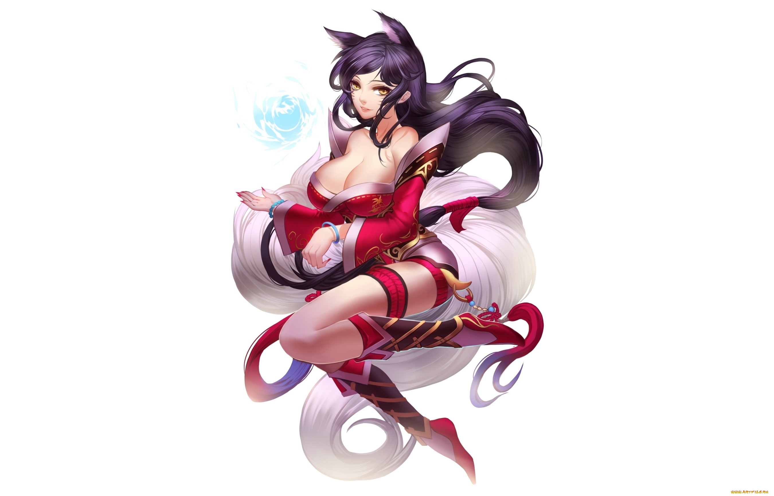 league, of, legends, фэнтези, существа, фон, декольте, ahri, взгляд, хвосты, девушка, магия, жест, league, of, legends, улыбка, art, ушки, лисица, ???