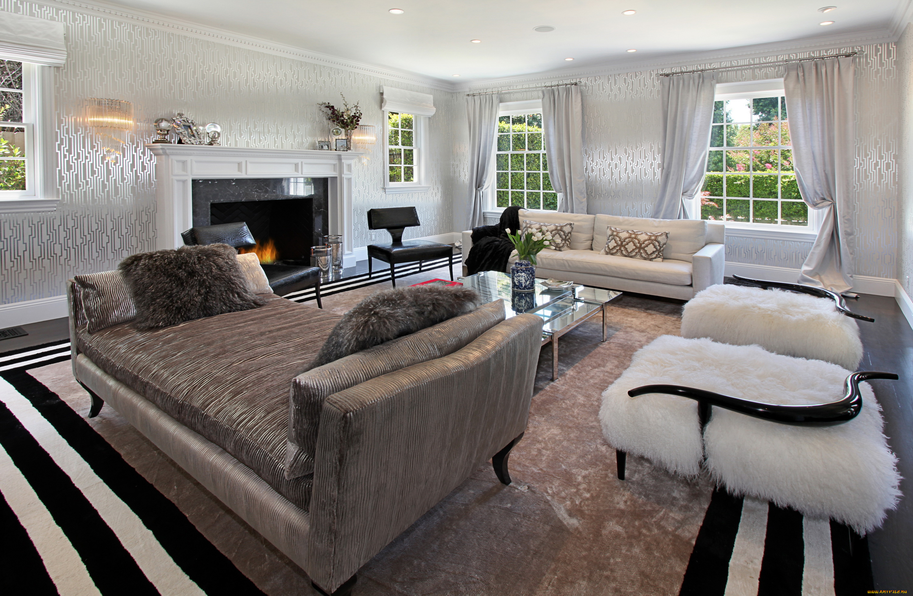 интерьер, гостиная, дизайн, диван, ковер, камин