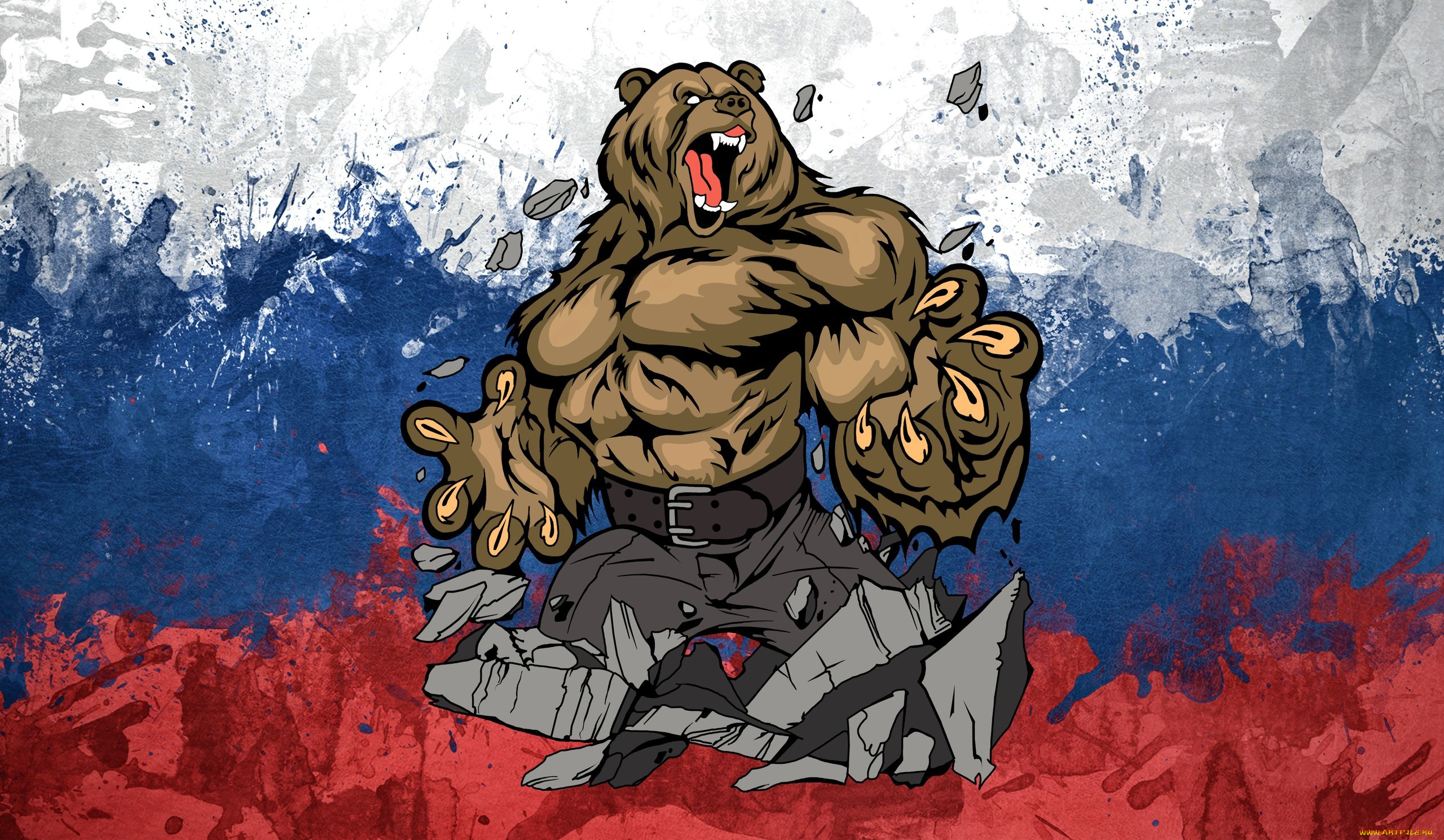 рисованное, животные, флаг, россия, арт, белый, красный, медведь, сини