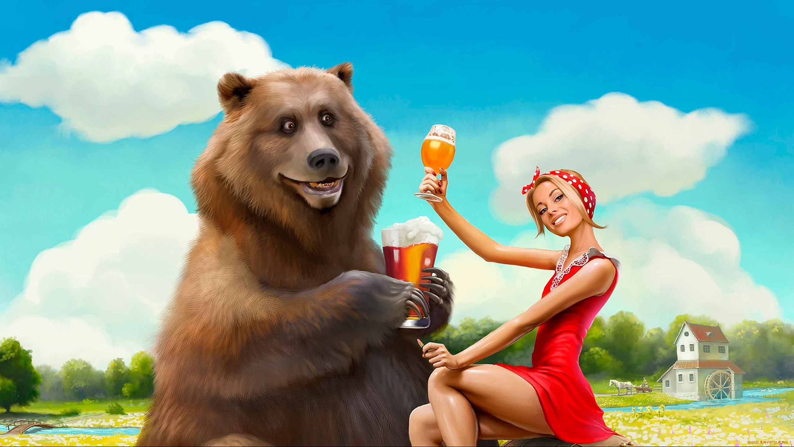 юмор, и, приколы, девушка, медведь, пиво, маша, красный, кружка, юмор, прикол, животное, блондинка, улыбка