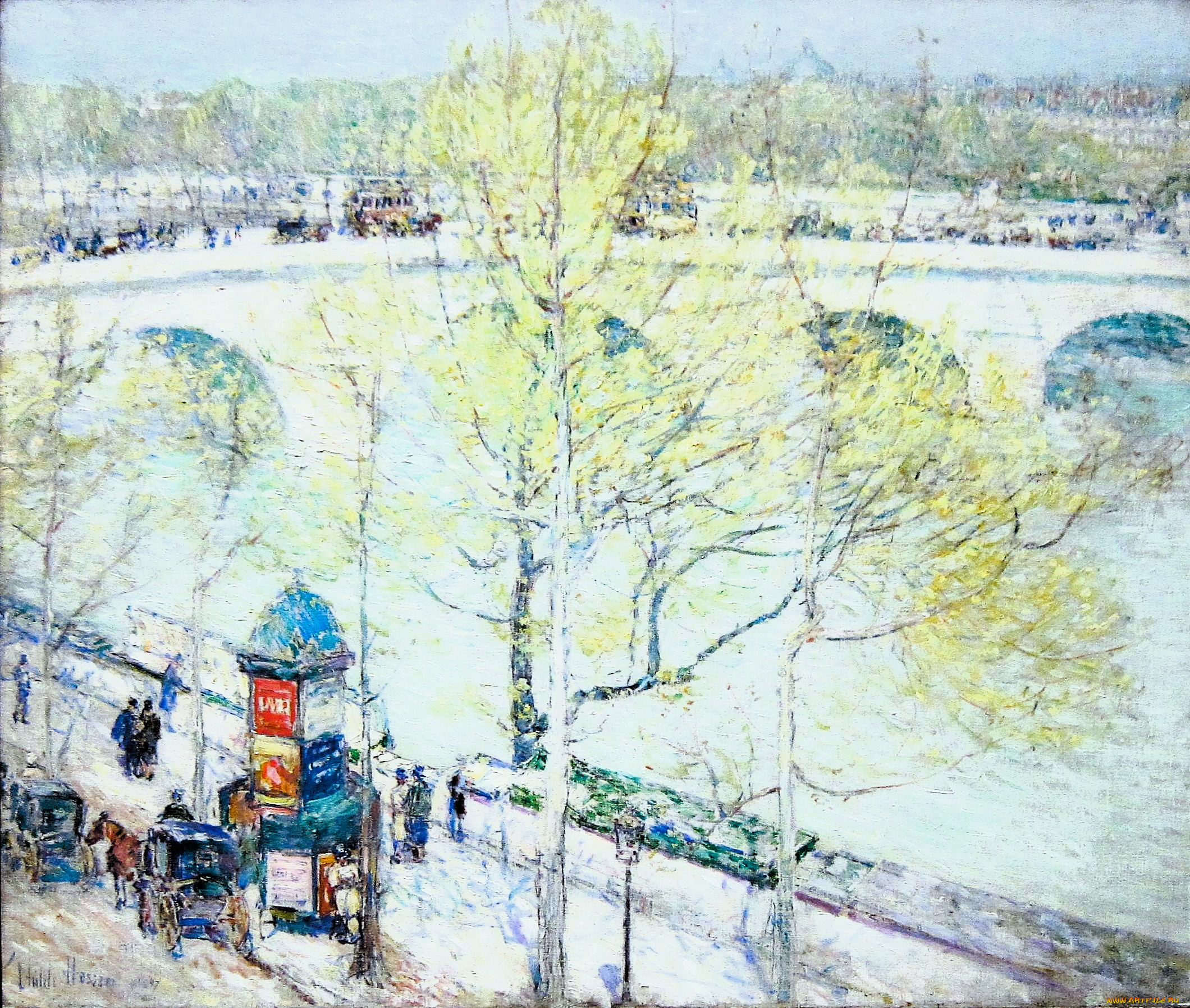 рисованное, frederick, childe, hassam, деревья, река, мост, экипажи, люди