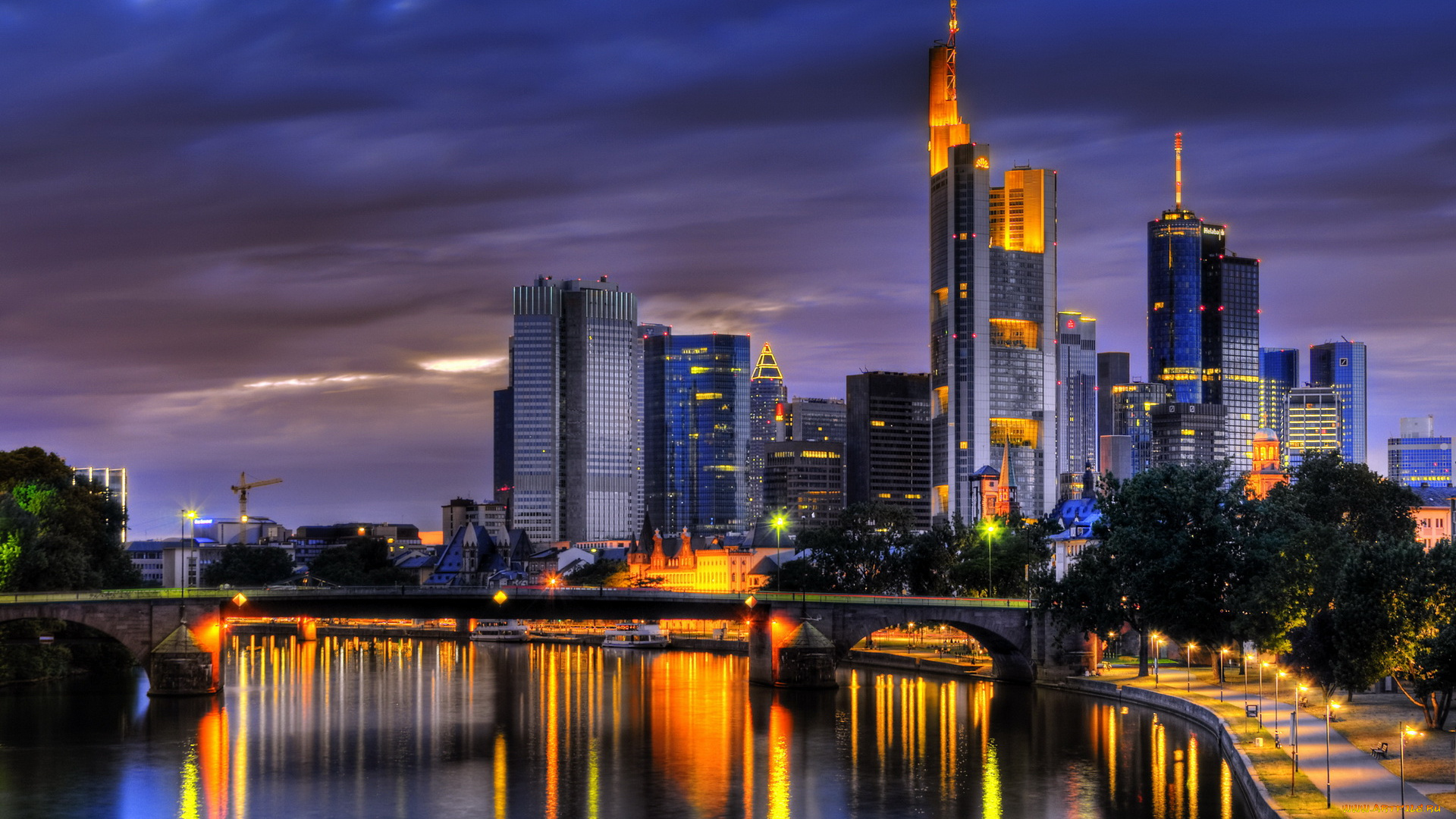 frankfurt, germany, города, огни, ночного, ночь, дома, река