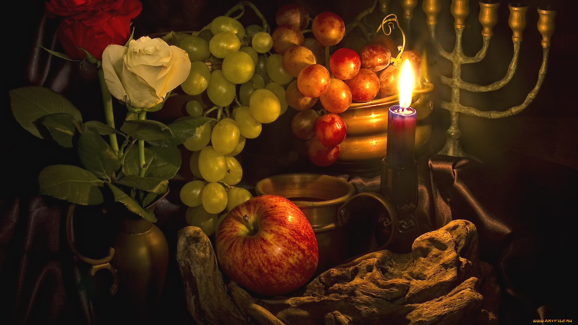 еда, фрукты, ягоды, яблоко, виноград, розы, свеча