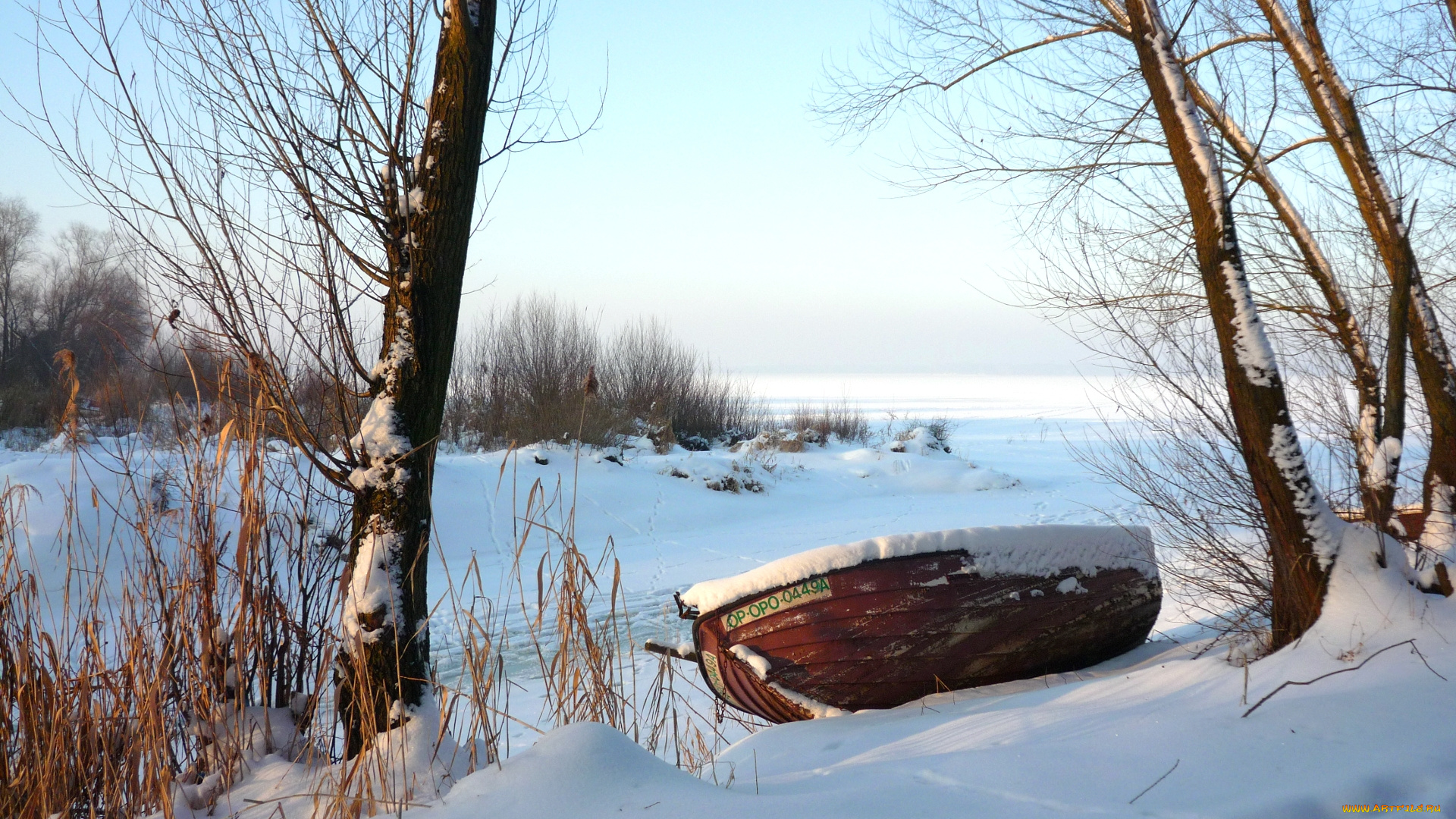 корабли, лодки, шлюпки, лодка, деревья, замёрзшее, озеро, зима