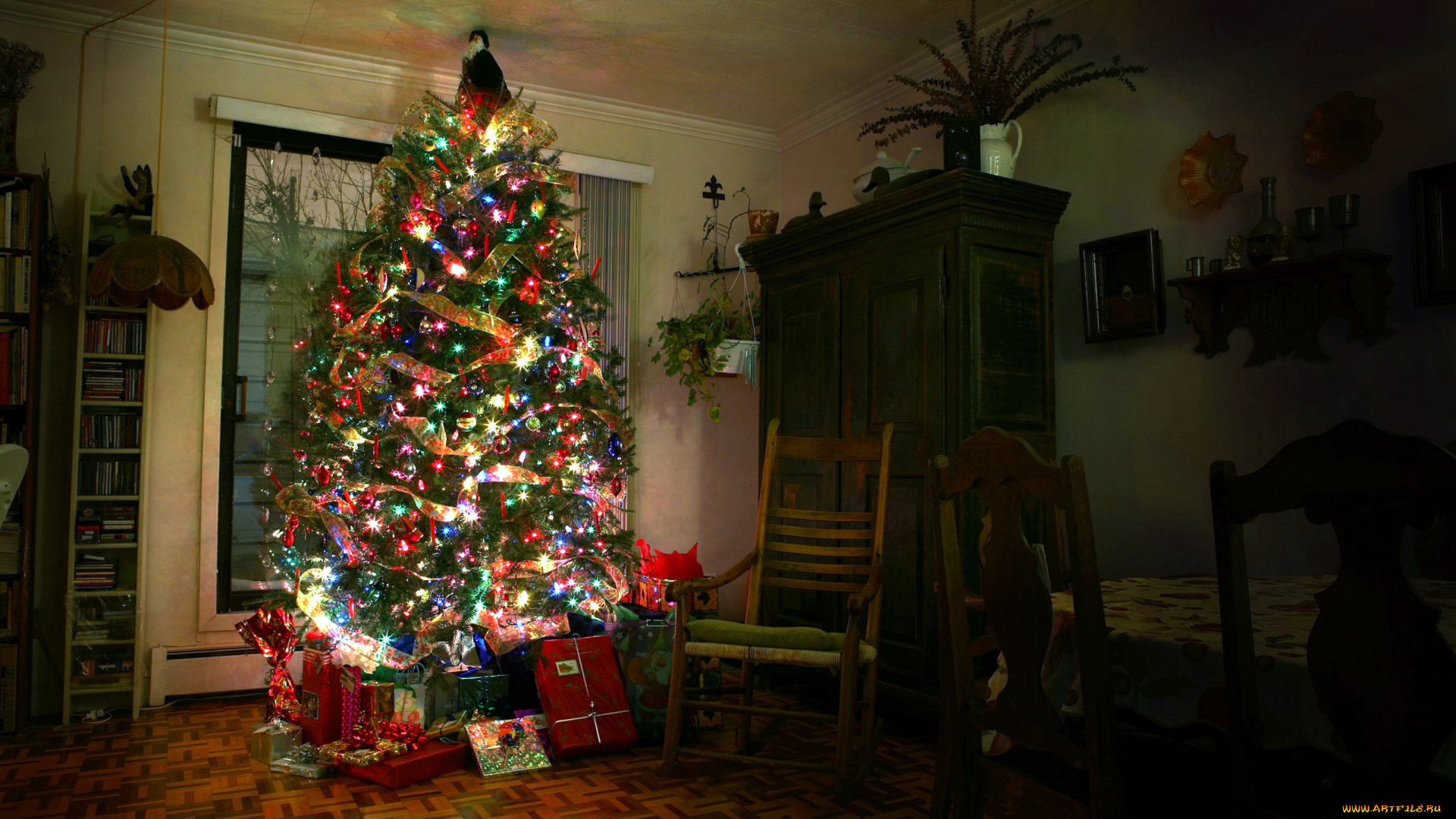 праздничные, Ёлки, качалка, елка, подарки, комната