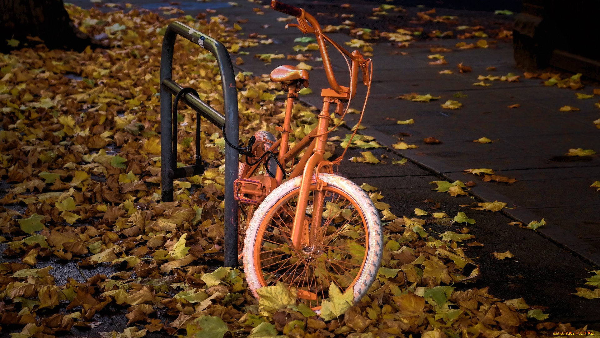 техника, велосипеды, замок, велосипед, желтая, листва, осень, улица