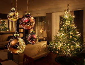 Картинка праздничные Ёлки комната звезда гирлянда елка шарики