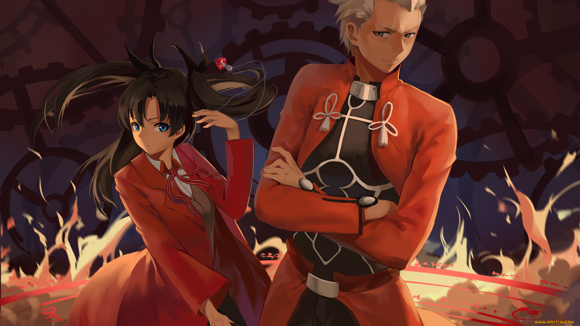 аниме, fate, stay, night, девушка, tohsaka, rin, archer, цепочка, кулон, магия, парень, gensou, kuro, usagi, арт, stay, night