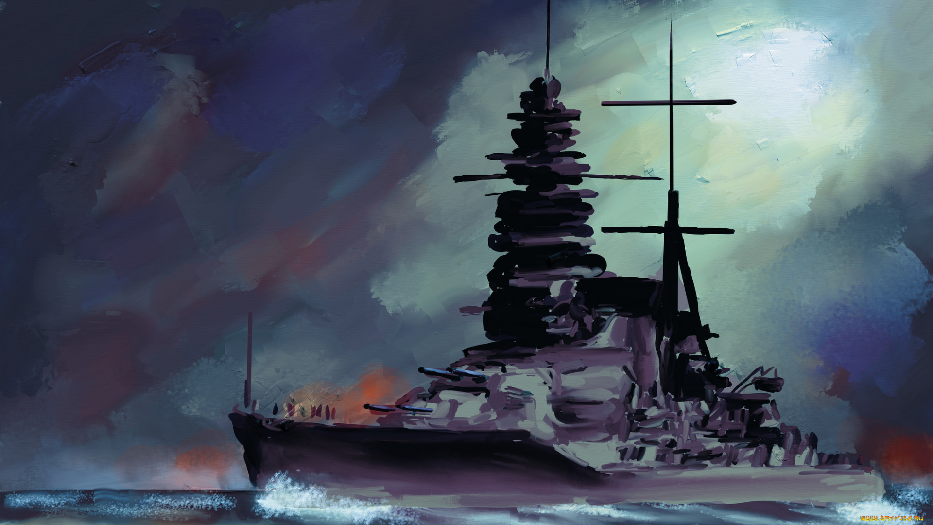 корабли, рисованные, муцу, небо, море, флота, императорского, японского, линкор