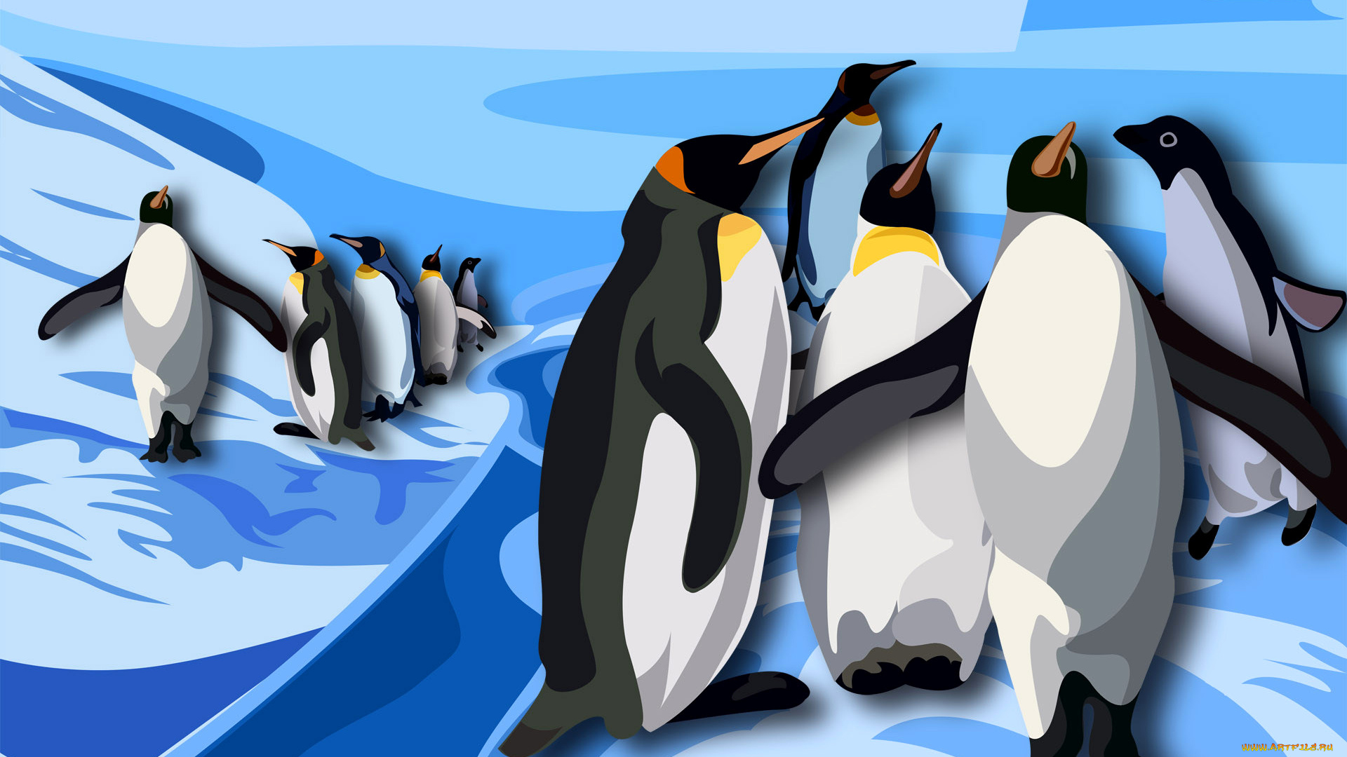 рисованное, животные, пингвины, антарктида