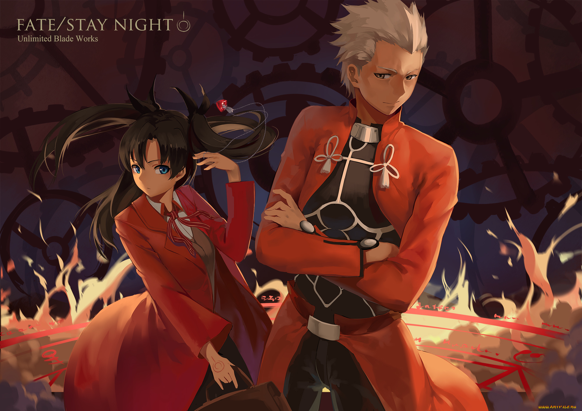 аниме, fate, stay, night, девушка, tohsaka, rin, archer, цепочка, кулон, магия, парень, gensou, kuro, usagi, арт, stay, night