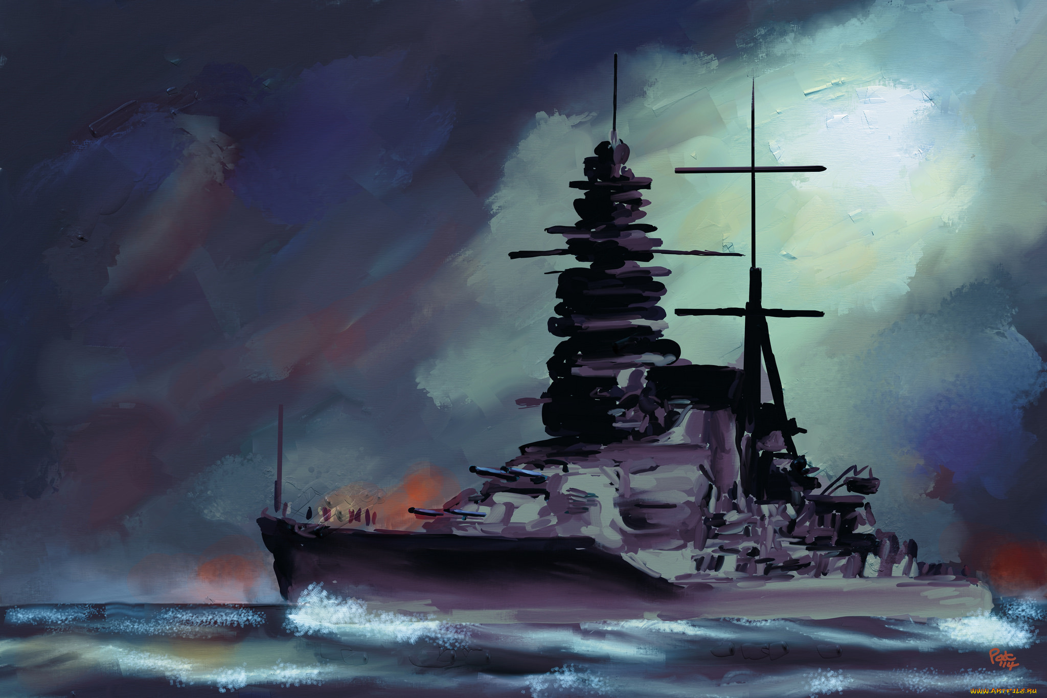корабли, рисованные, муцу, небо, море, флота, императорского, японского, линкор
